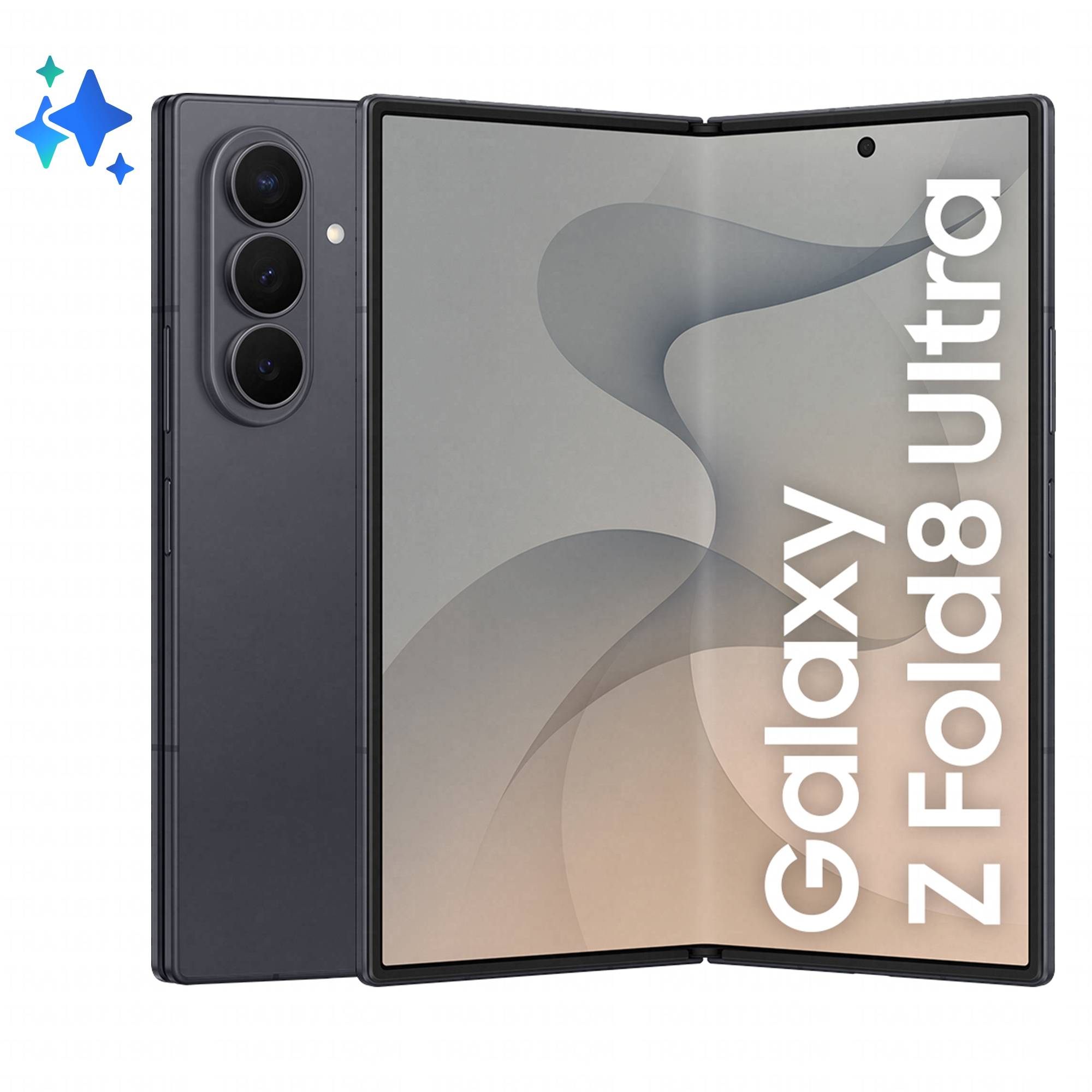 Samsung Galaxy Z Fold8 Ultra Faltbares Smartphone geöffnet, mit Frontkamera und dreifach Hintergrundkameras sichtbar, sowie „Galaxy Z Fold8 Ultra