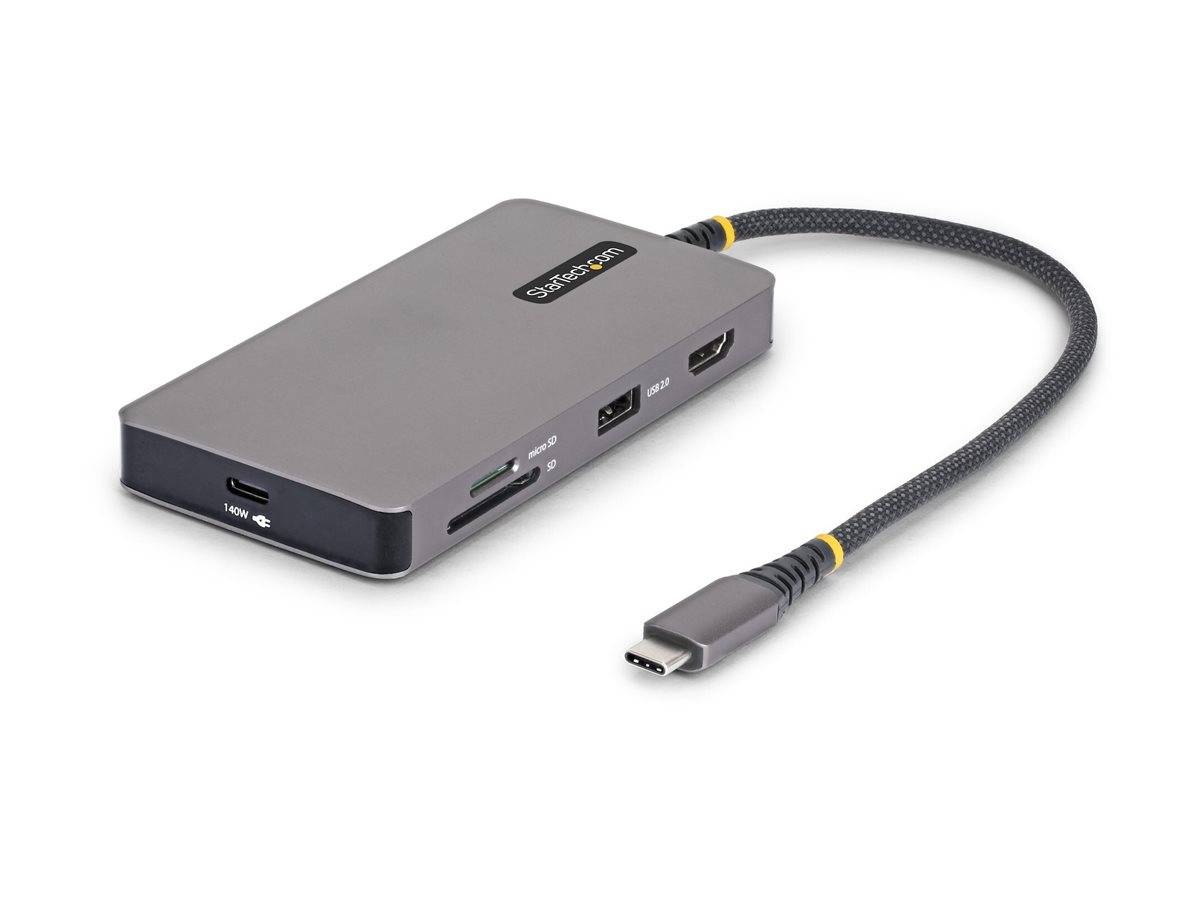 Grauer USB-C-Docking-Adapter mit angebundenem geflochtena USB-C-Kabel und mehreren Anschlüssen, einschließlich USB-A, SD/microSD und HDMI.