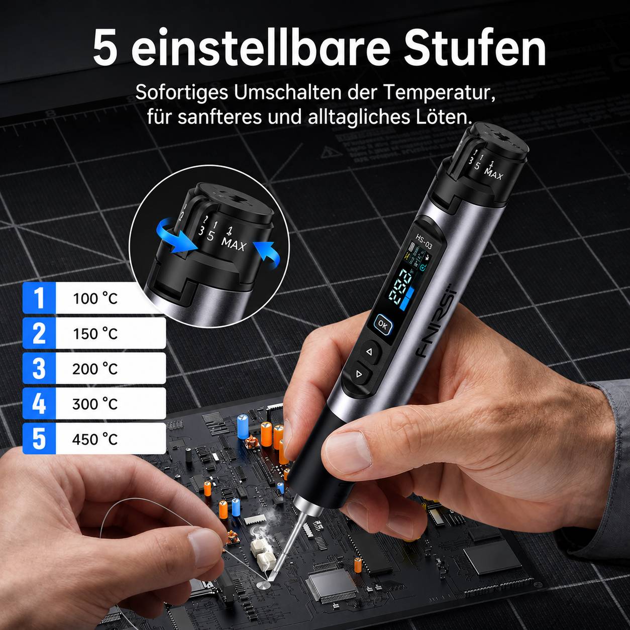 FNIRSI HS-03 Kabelloser Lötkolben 2600mAh Akku, USB-C, 10W, Schnellaufheizung, Set