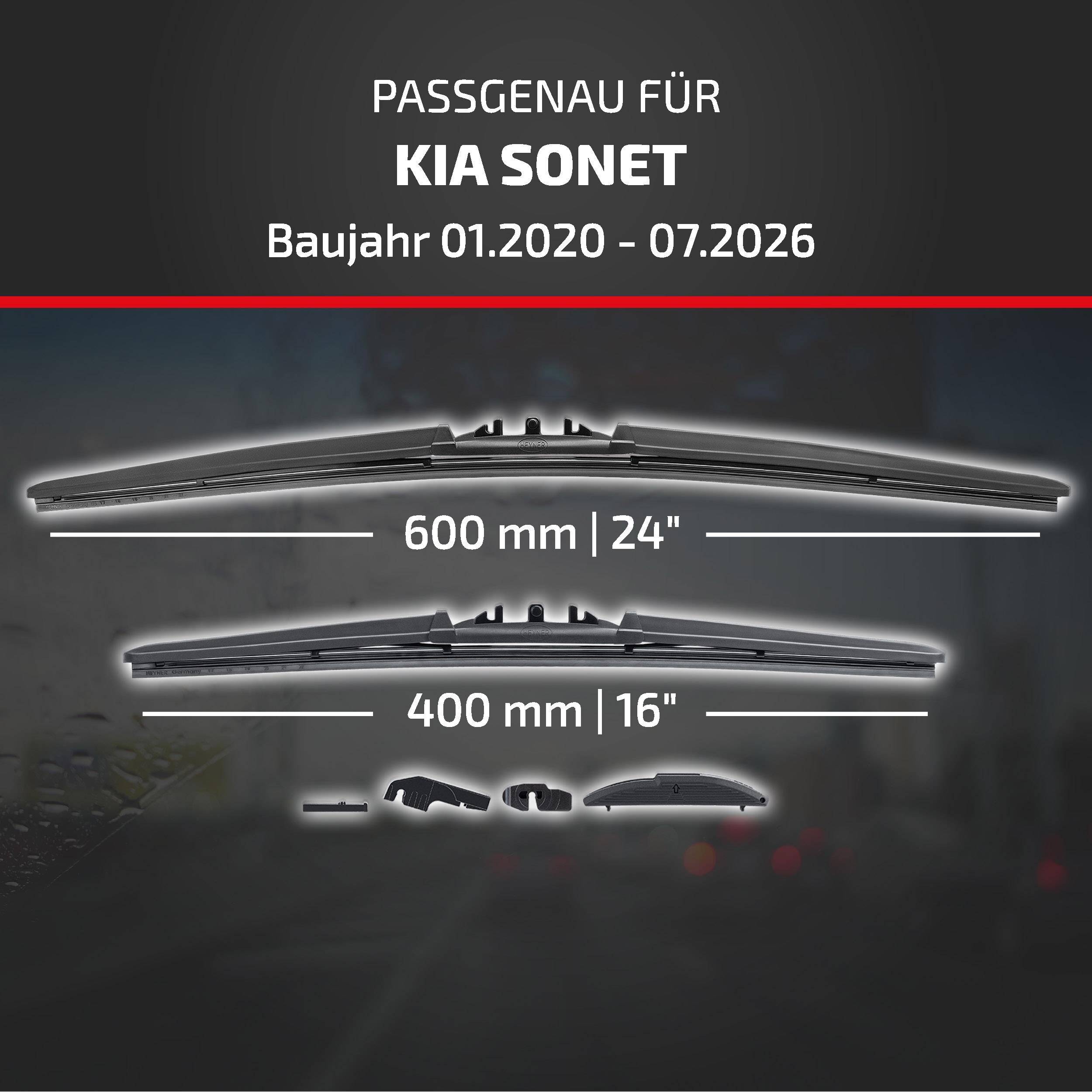 Anzeige zeigt Scheibenwischer-Blatt-Kompatibilität für Kia Sonet, Modelljahre 01.2020-07.2026, mit Größen 600 mm (24