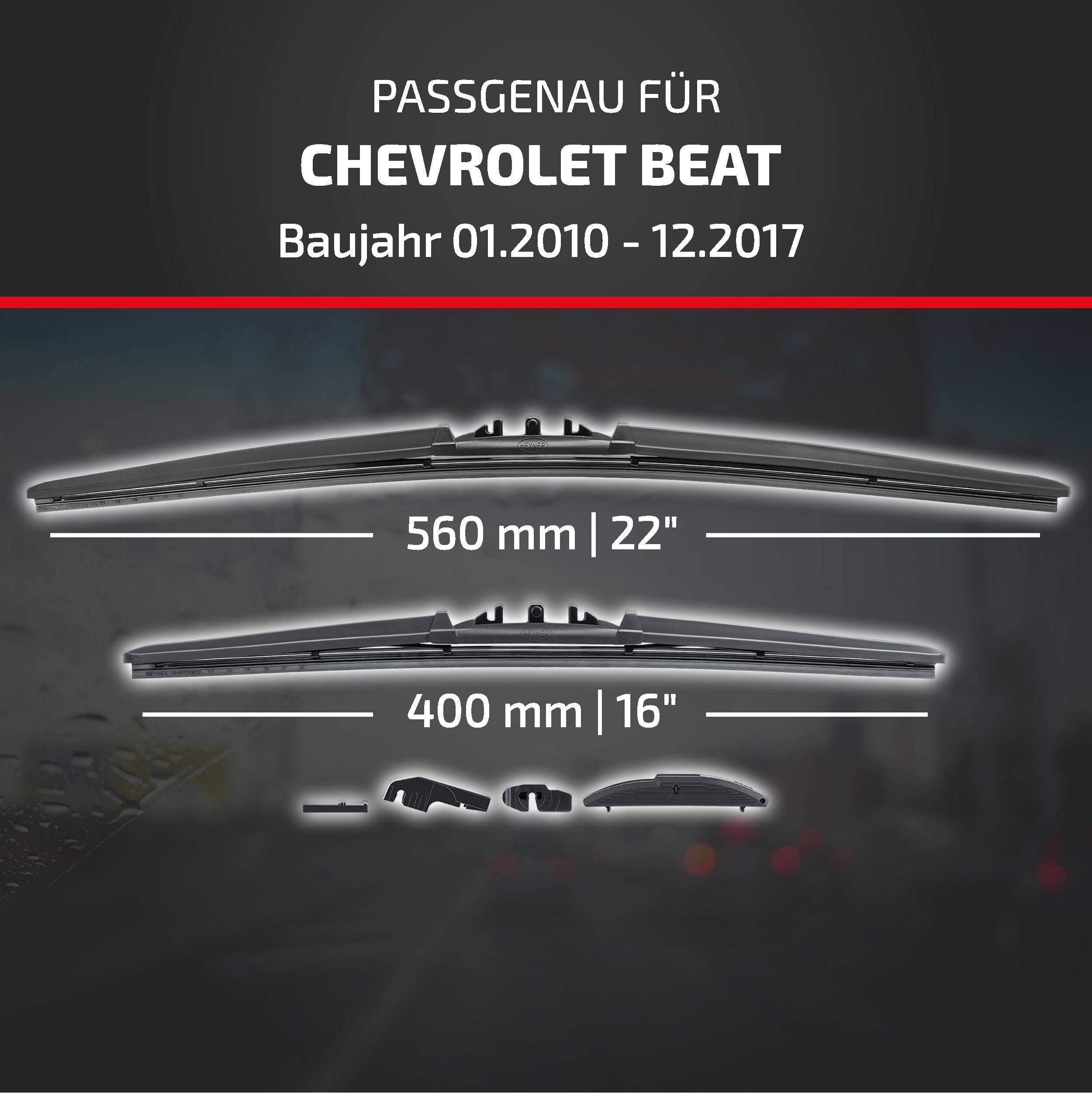Deutsches Produktbild mit Scheibenwischern kompatibel mit Chevrolet Beat, Modelljahre 01.2010-12.2017, in den Größen 560 mm und 400 mm.