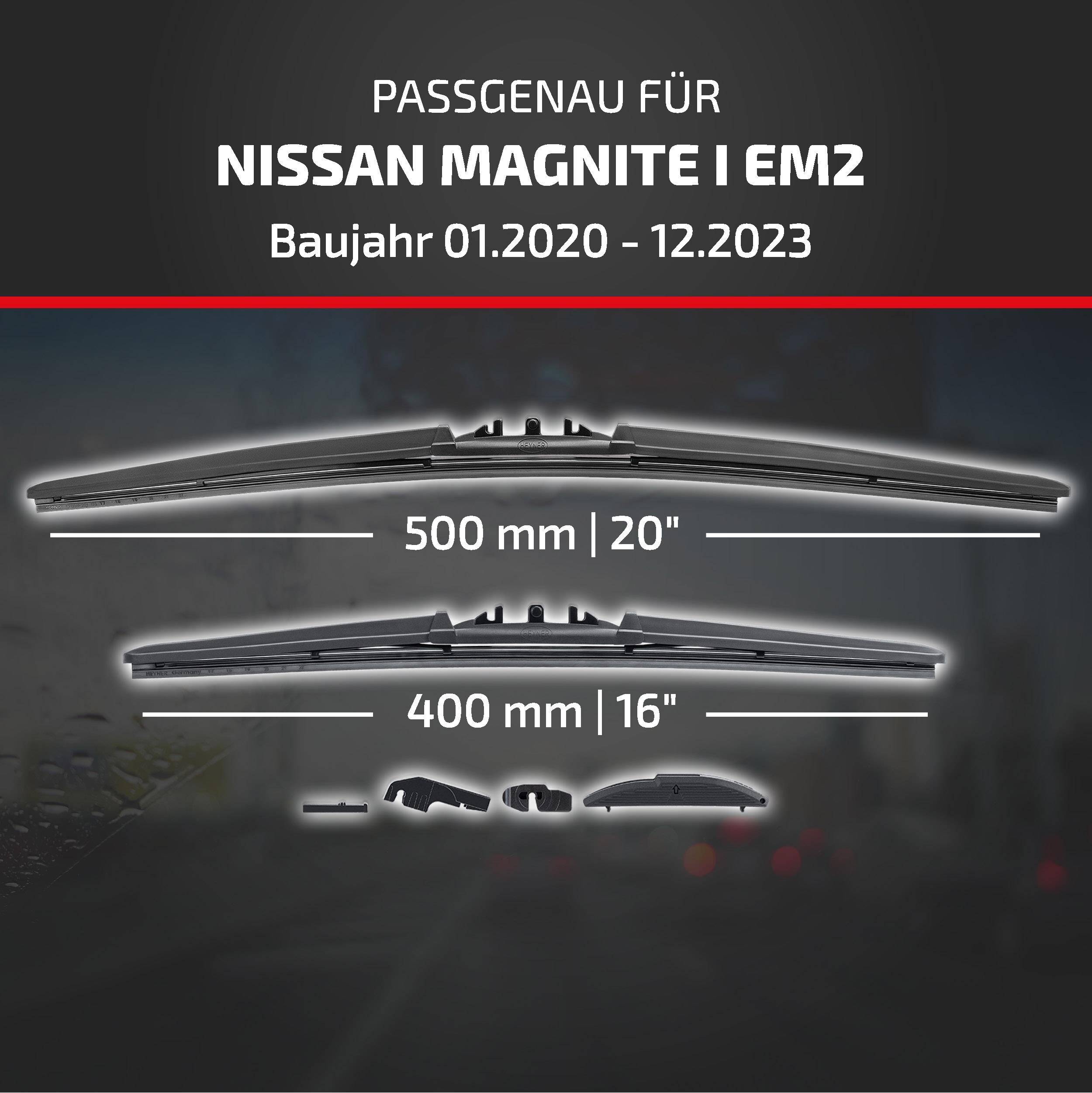 Anzeige für Scheibenwischerblätter kompatibel mit Nissan Magnite I EM2, Modelljahre 01/2020–12/2023, in den Größen 500 mm (20