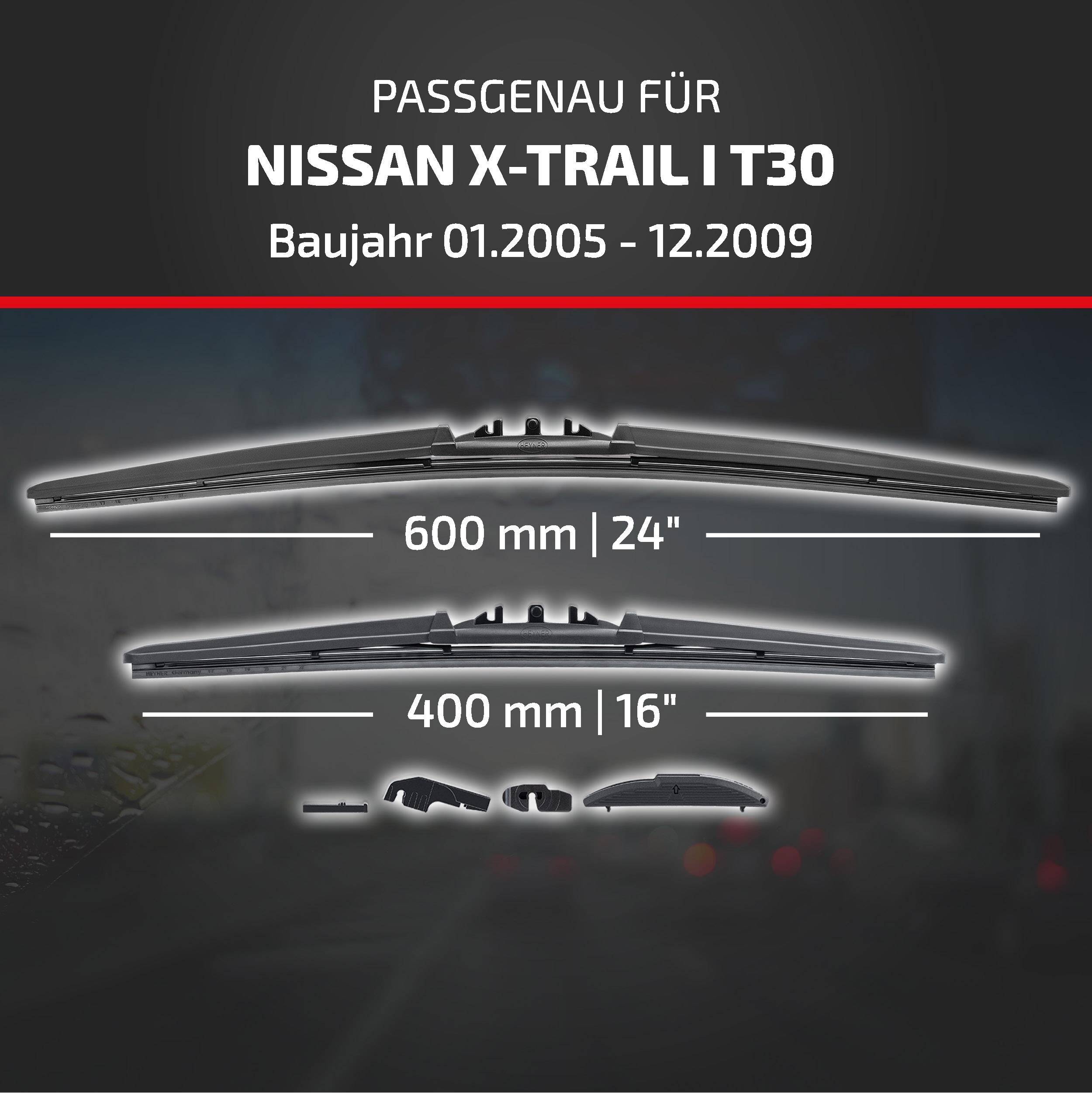 Scheibenwischer mit der Kennzeichnung geeignet für Nissan X-Trail I T30, Modelljahre 01.2005-12.2009, in den Größen 600 mm (24