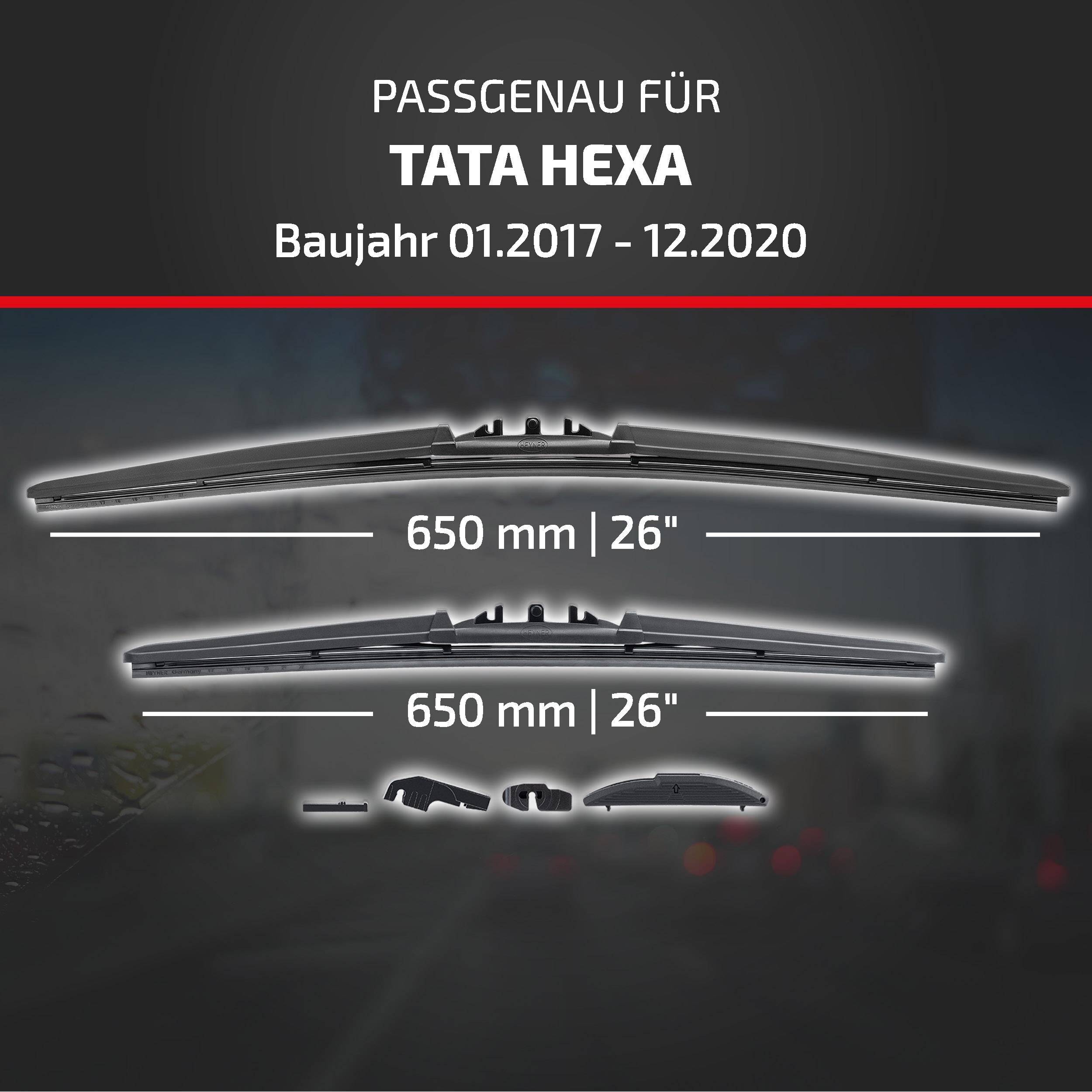 Kompatibilitätsgrafik für Tata Hexa, Modelljahre 01.2017-12.2020, mit zwei Wischergröße: 650 mm (26