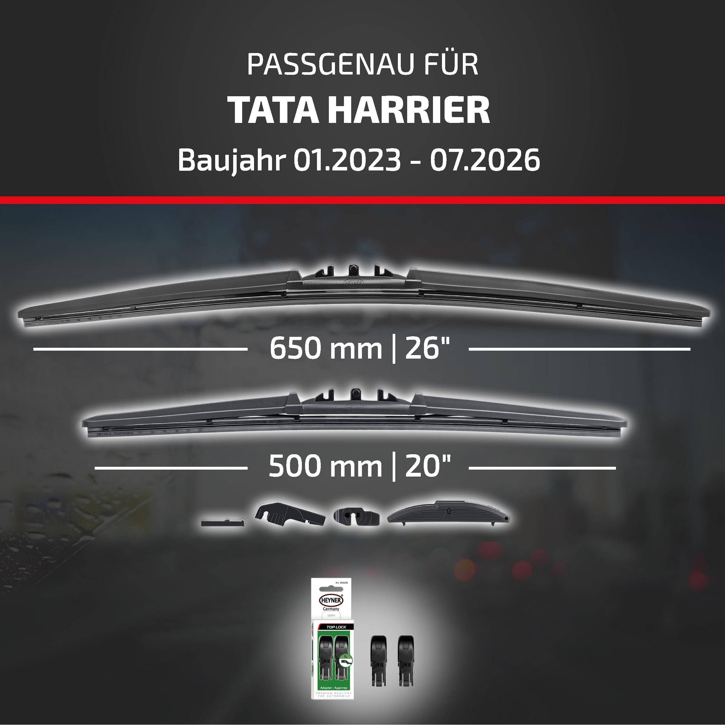 Wischblattkompabilitätstabelle für Tata Harrier, Modelljahre 01.2023-07.2026, zeigt Blattgrößen von 26