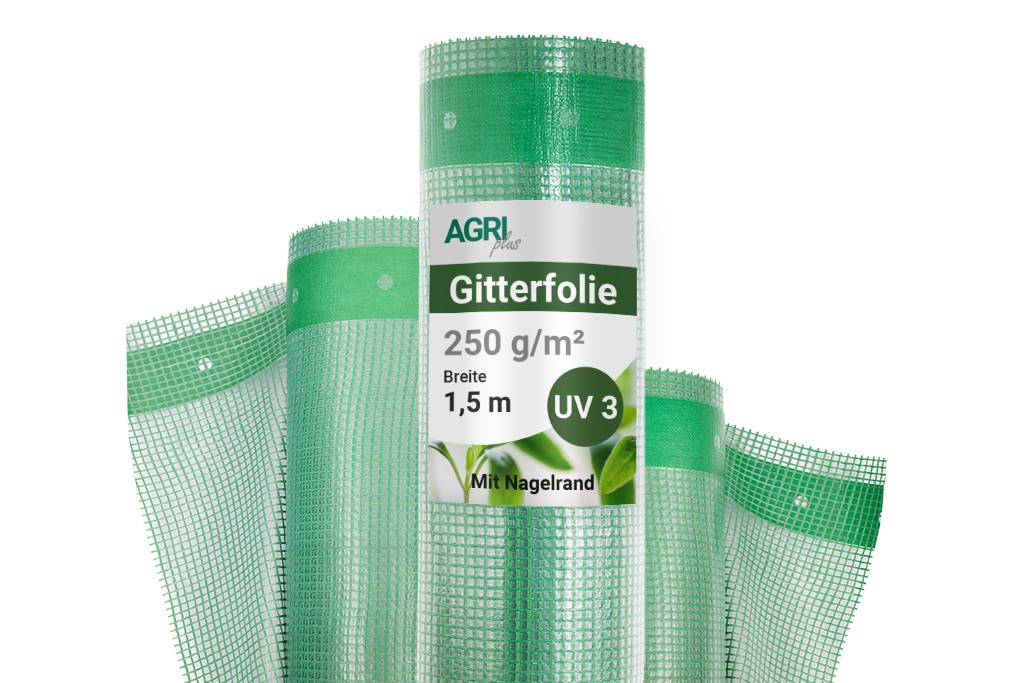 Aufgerolltes grünes Maschenkunststoffnetz für Garten mit der Produktbezeichnung 'AGRI Gitterfolie 250 g/m², Breite 1,5 m, UV 3, Mit Nagelrand'.
