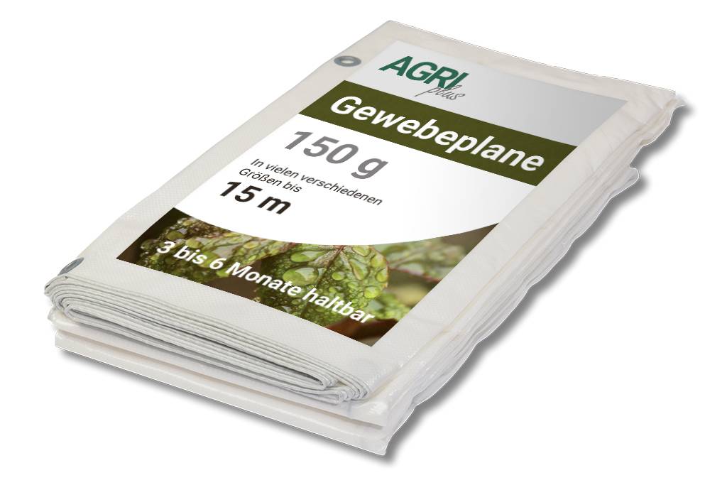 Stapel weißer Pflanzen-Schutzvliestaschen mit Aufschrift 'AGRI Gewebeplane' und '150 g', zeigend 15 m Länge und '3 bis 6 Monate haltbar'.
