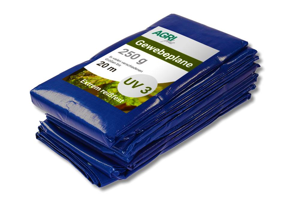 Zusammengefaltete Rolle aus blauem Unkrautvlies mit den Aufschriften „AGRI Gewebeplane 250 g