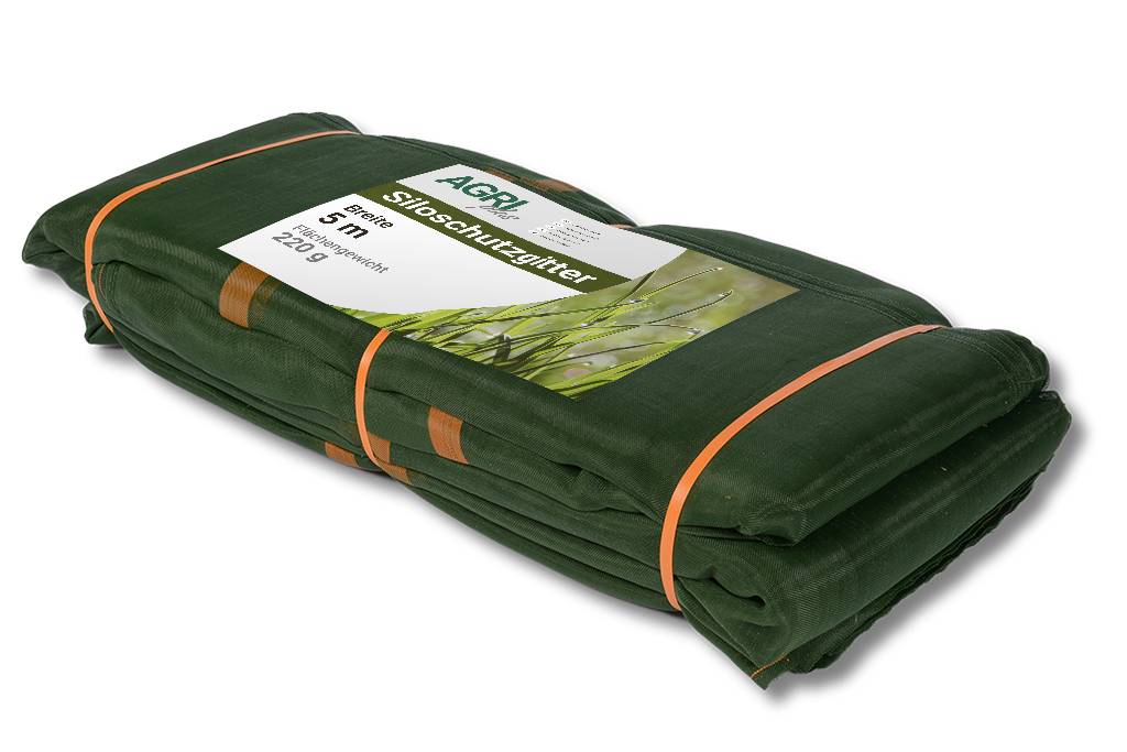 Gefaltetes dunkelgrünes Gartenschutzvlies oder -netz, mit orangefarbenen Gurten gebündelt, mit der Aufschrift „AGRI Silkschutznetz