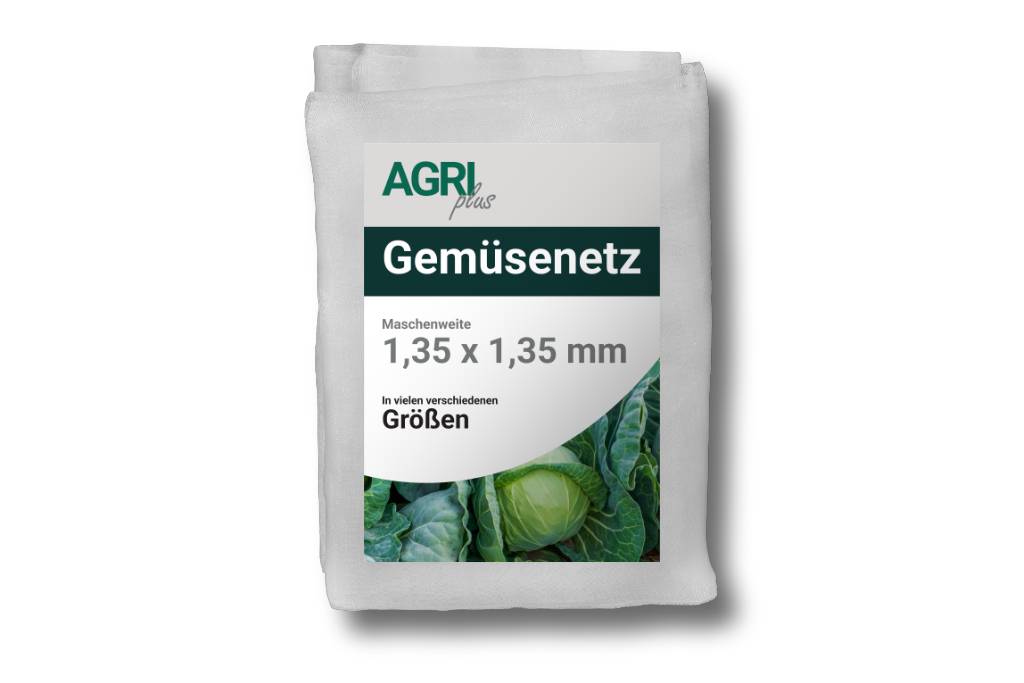 Weißer Sack von AGRO plus 'Gemüsenetz' Gemüseschutznetzen, gekennzeichnet mit 1,35 x 1,35 mm und mit Kohlabbildung dargestellt.