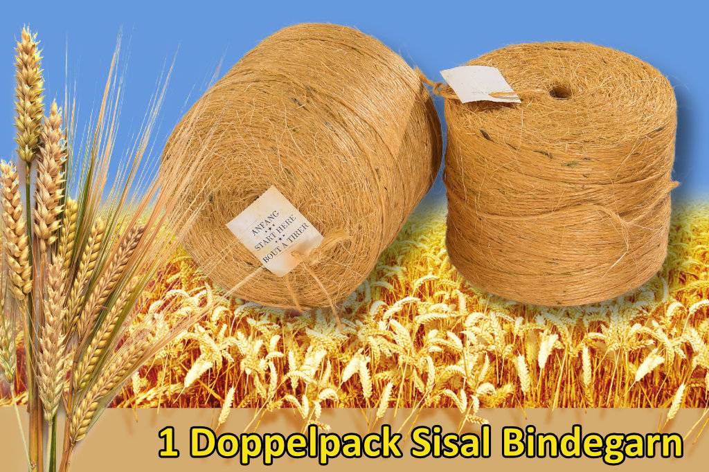 Zwei große Rollen aus Sisal-Bindegarn auf einem Weizenfeld-Hintergrund, mit dem Text „1 Doppelpack Sisal Bindegarn