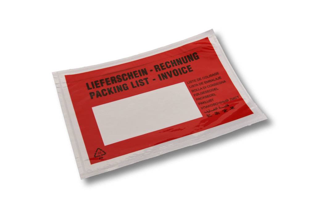 Rot-weißer Versandschein-Umschlag mit der Beschriftung „Lieferschein-Rechnung / Packing list - invoice