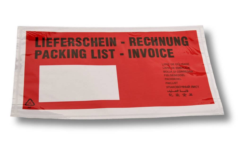 Rote Versandtasche mit der Aufschrift „LIEFERSCHEIN - RECHNUNG