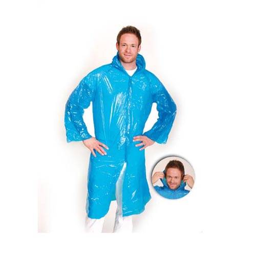 Arbeitskittel Besucherkittel mit Kapuze, aus PE, 15my, 120cm, mit Druckknöpfen, Blau, 500 Stück