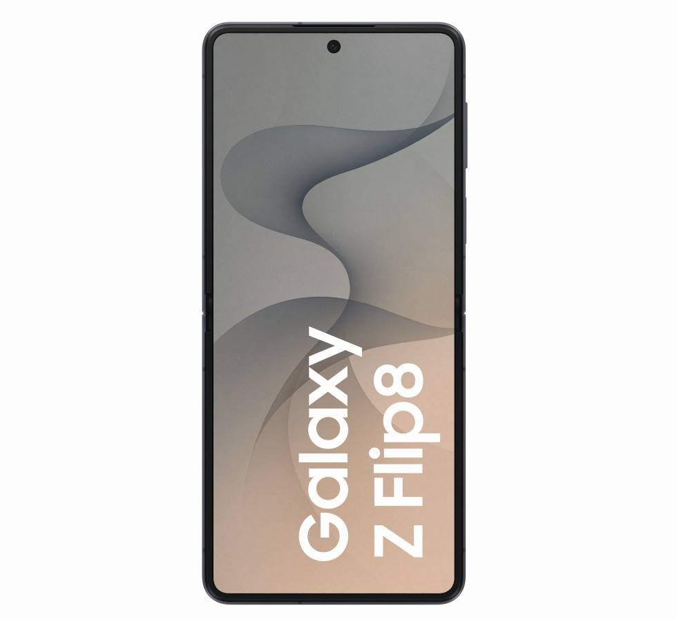 Vorderansicht eines Samsung Galaxy Z Flip8 Smartphones mit eingeschaltetem Bildschirm, das abstrakte grau-beige Tapete und 'Galaxy Z Flip8' Text anzeigt.