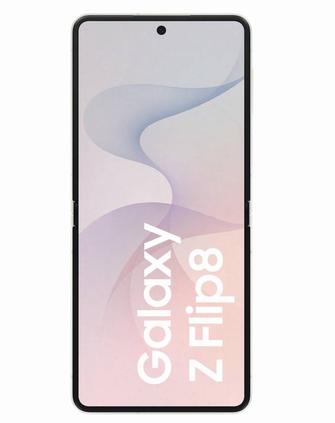 Samsung Galaxy Z Flip8 Smartphone von vorne gezeigt mit zentriertem Punch-Hole-Display und pastellfarbenem abstraktem Hintergrundbild.