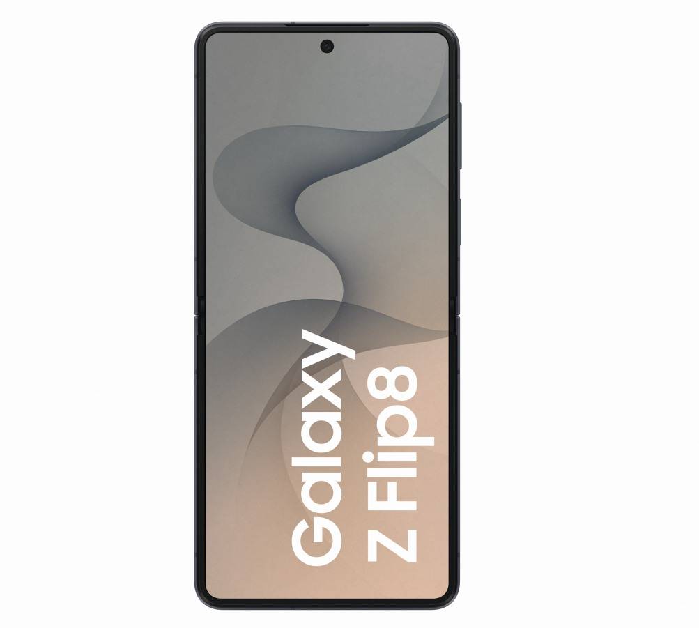 Frontansicht eines Samsung Galaxy Z Flip8 Smartphones mit einem faltbaren Display und abstraktem grauem Hintergrund auf dem Bildschirm.