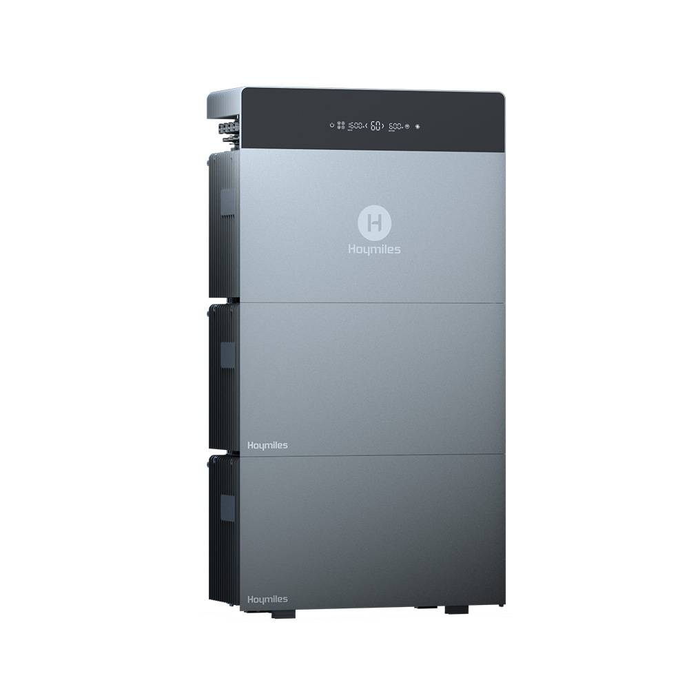 Hoher grauer Houmiles-Batteriekasten mit schwarzem oberen Bedienfeld und seitlichen Lüftungsöffnungen, gezeigt auf weißem Hintergrund.
