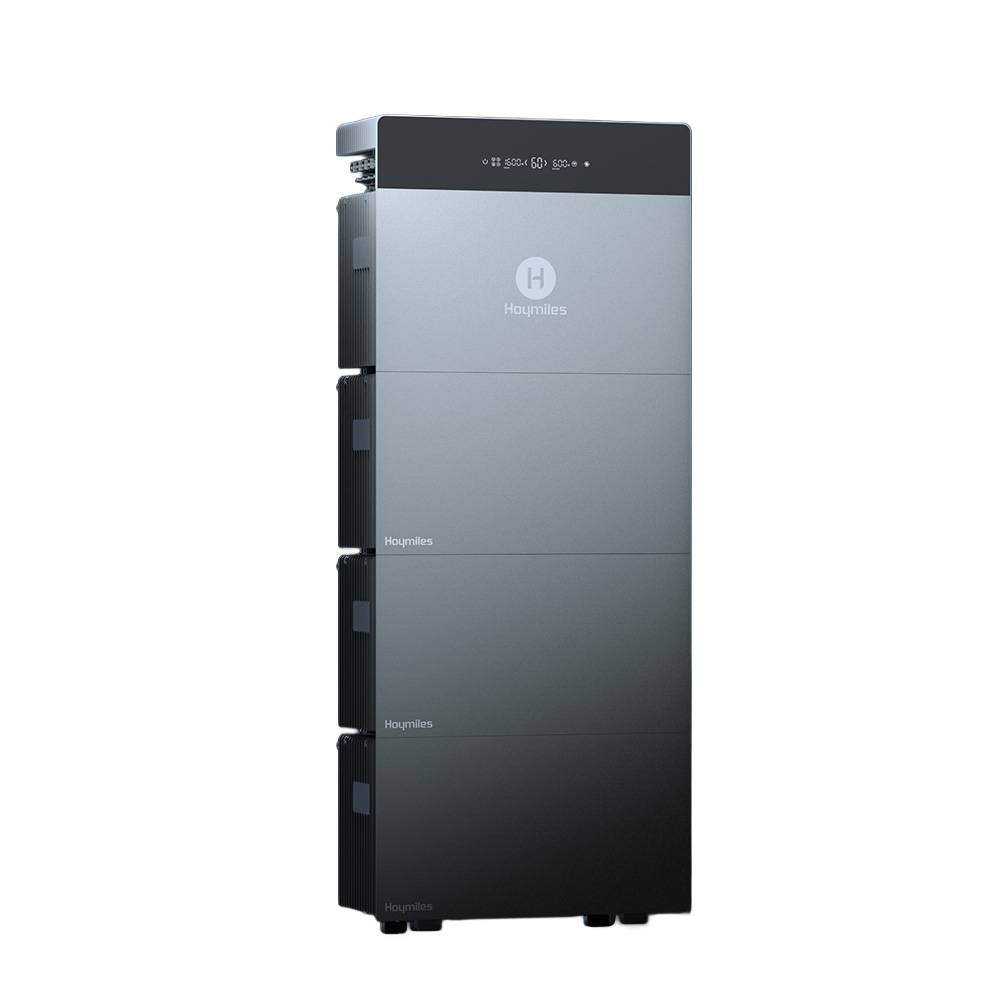 Hohe graue Mehrschicht-Hausbatteriespeichereinheit mit oberer Statusanzeige und H-Symbol-Logo auf weißem Hintergrund.