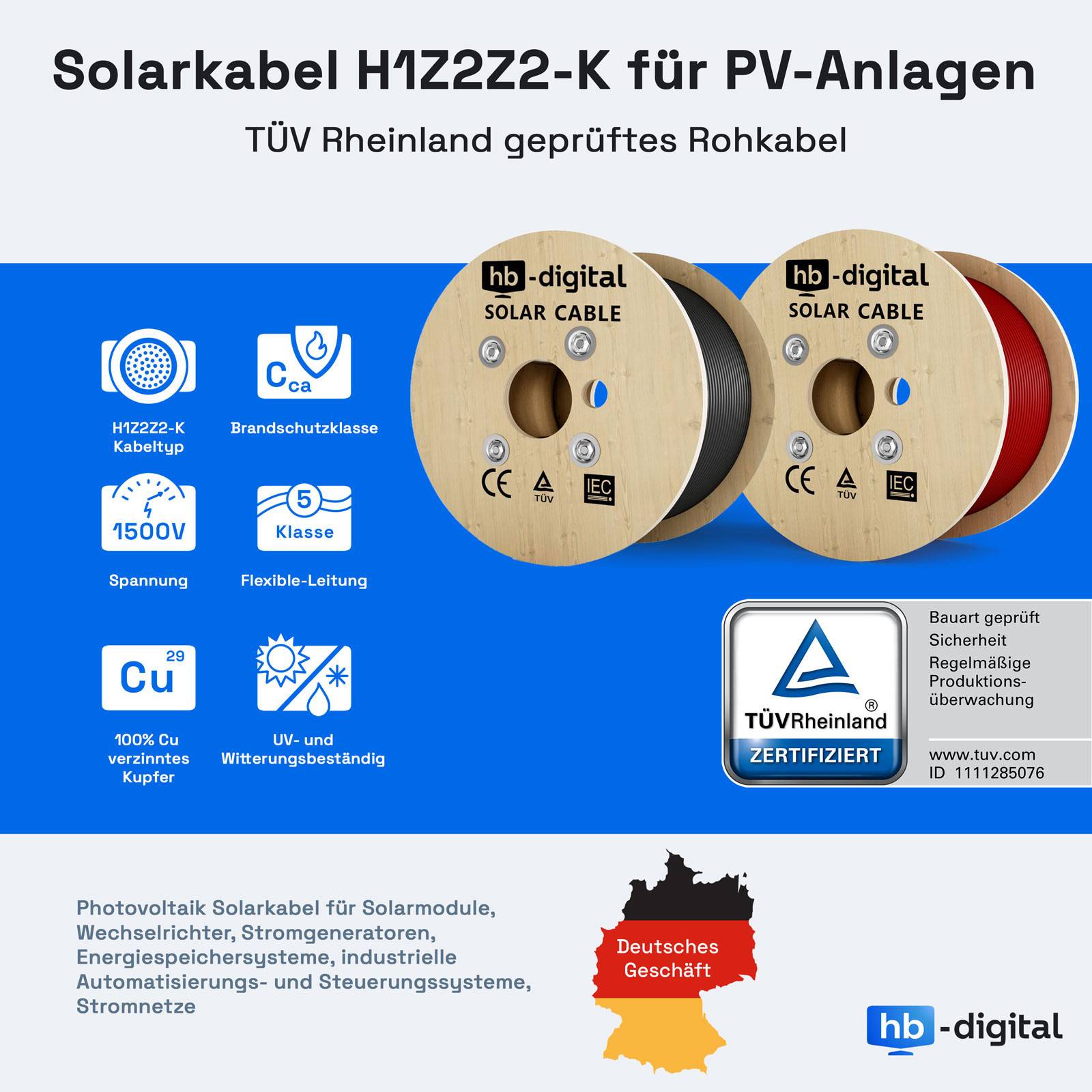 hb-digital 2x8m Solar Anschlusskabel Set H1Z2Z2-K 4mm2 1500V