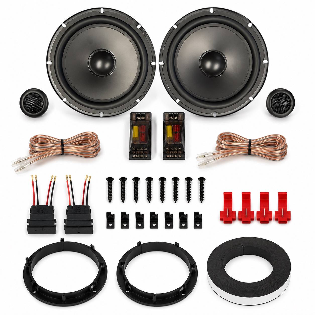 Kfz-Audiolautsprecher-Upgrade-Set mit zwei großen Subwoofern, zwei Hochtönern, Frequenzweichen, Verkabelung, Schrauben, Clips, Montageckeln und Schaumstoff-Dichtung.