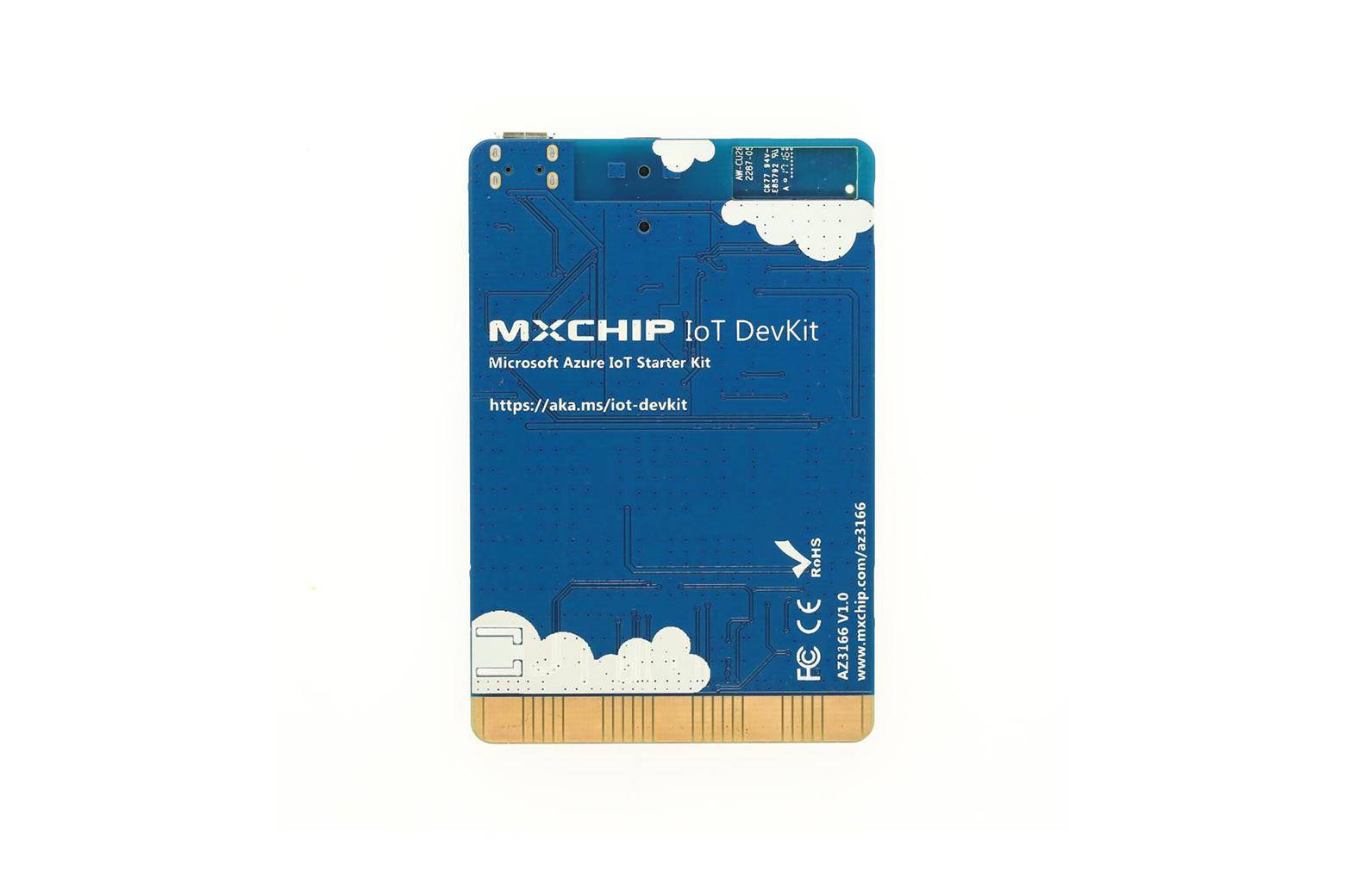 Blaue Microchip IoT DevKit-Karte mit der Bezeichnung „Microsoft Azure IoT Starter Kit