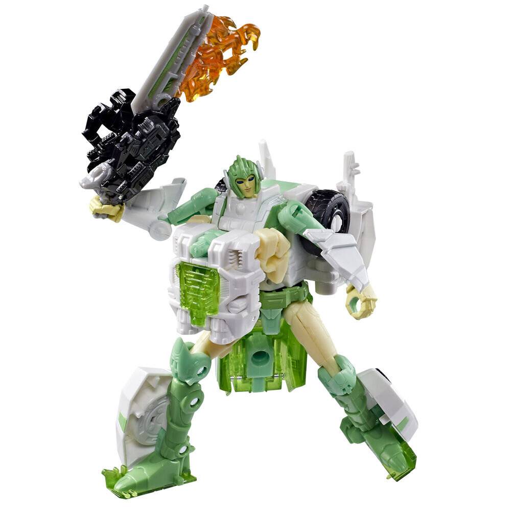 Transformers-ähnliche Roboter-Actionfigur in Pose mit erhobenem flammendem Schwert, weiße, grüne und schwarze Rüstung auf einfachem weißem Hintergrund.