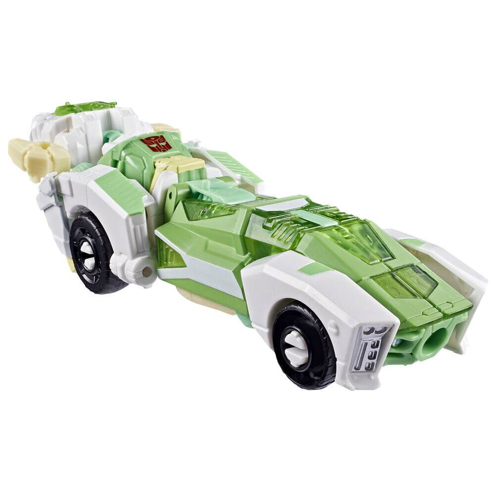 Grünes und weißes Spielzeug-Rennwagen mit robotischem Hinterabschnitt, auf einem einfachen weißen Hintergrund dargestellt.