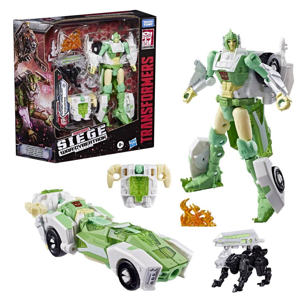 Transformers Siege Krieg um Cybertron grün-weißes Spielzeug in der Box gezeigt, Robotermodus, Fahrzeugmodus und kleine Zubehörteile.