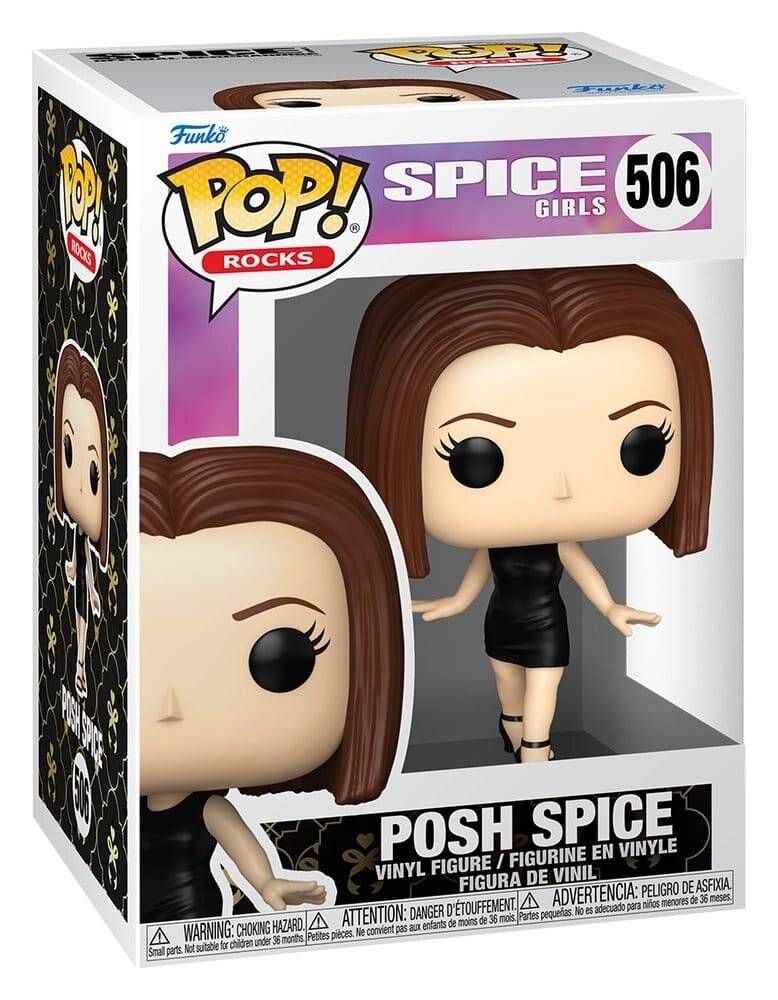 Funko Pop! Rocks Box mit Posh Spice Vinyl-Figur aus Spice Girls, Nummer 506, in schwarzem Kleid.