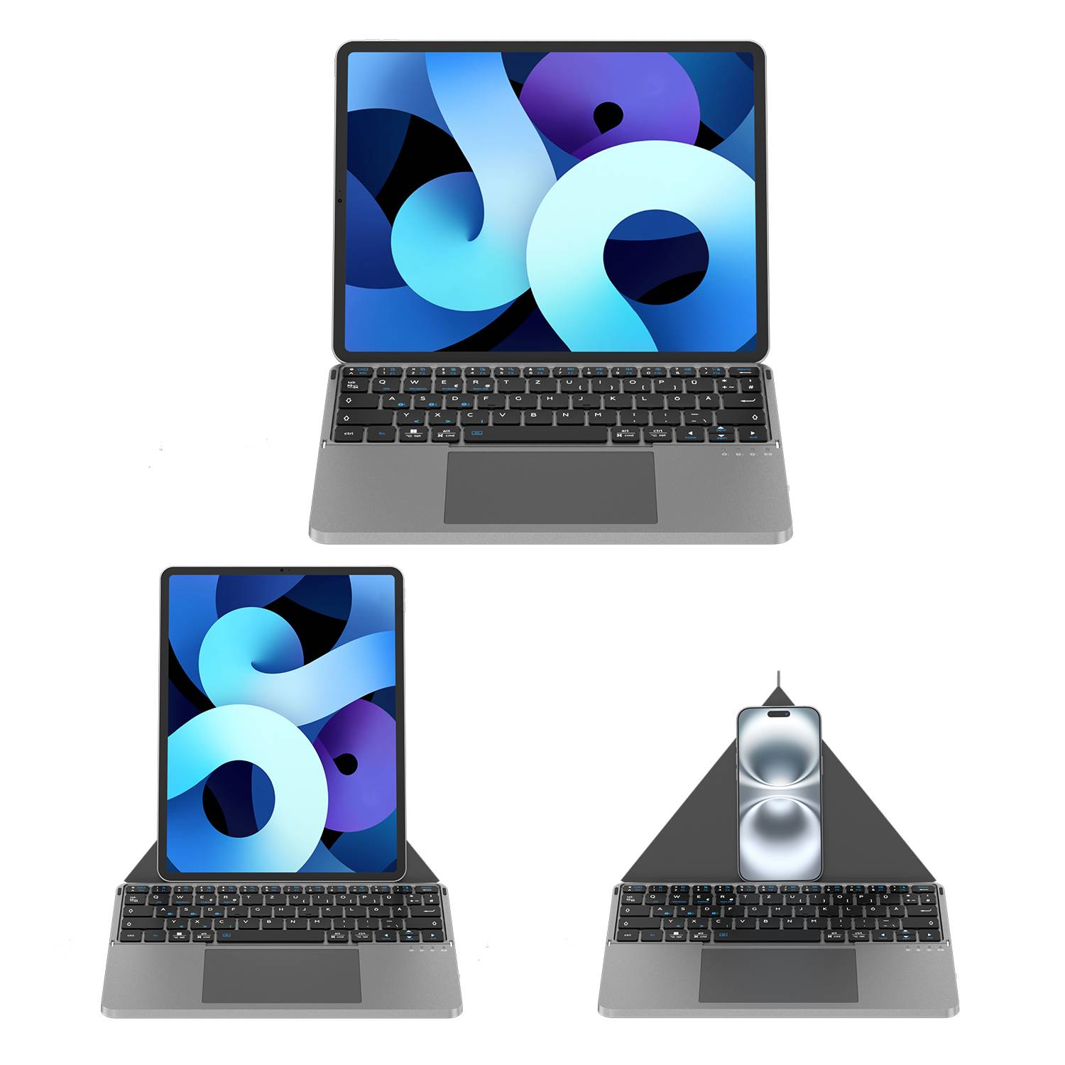 Drei Ansichten eines grauen Laptops mit abnehmbarem oder klappbarem Bildschirm: offenes Clamshell, tabletähnlicher Hochformat-Modus und Zeltmodus mit dem nach hinten gerichteten Bildschirm.