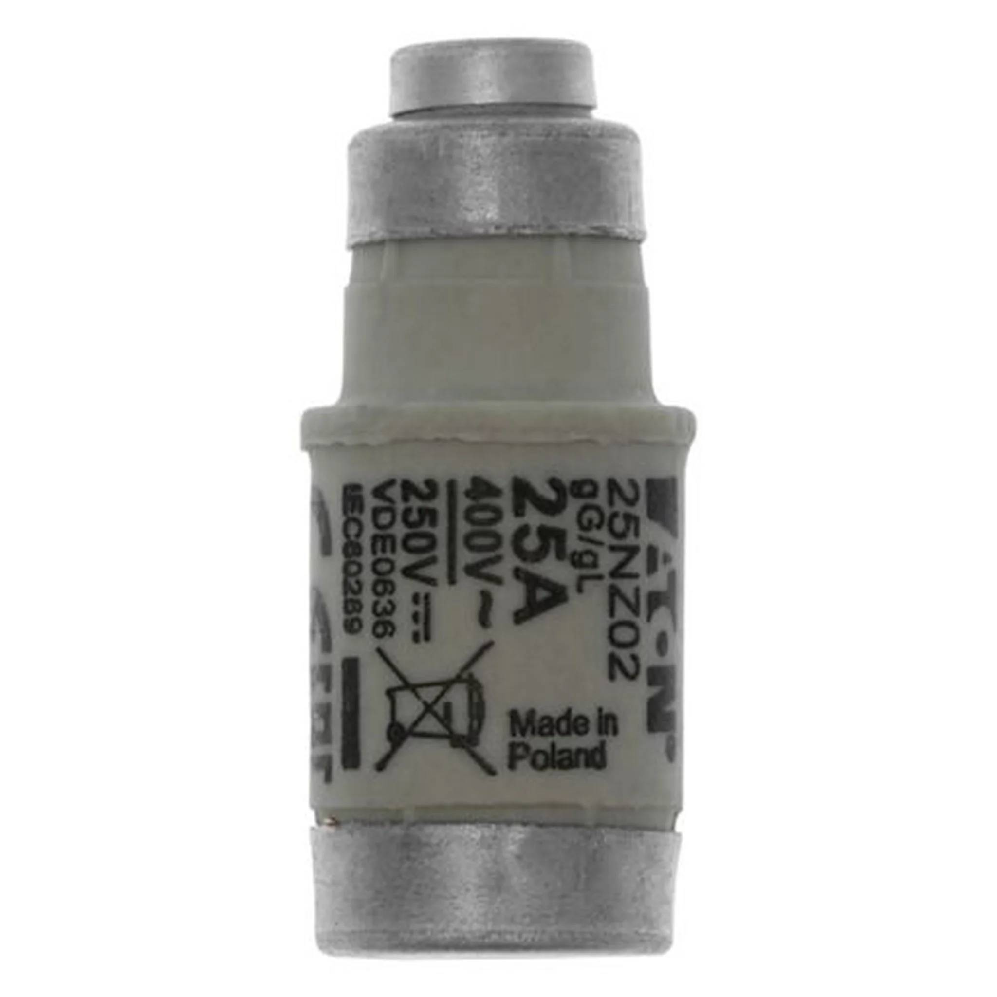 Eine zylindrische elektrische Sicherungskomponente mit der Bezeichnung 25A, 400V und 25NZ02, mit Metallendkappen und der Aufschrift „Made in Poland