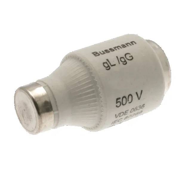 Weiße Bussmann gL/gG 500 V Schmelzlingspatrone mit Metallkappen auf einem neutralen Hintergrund.