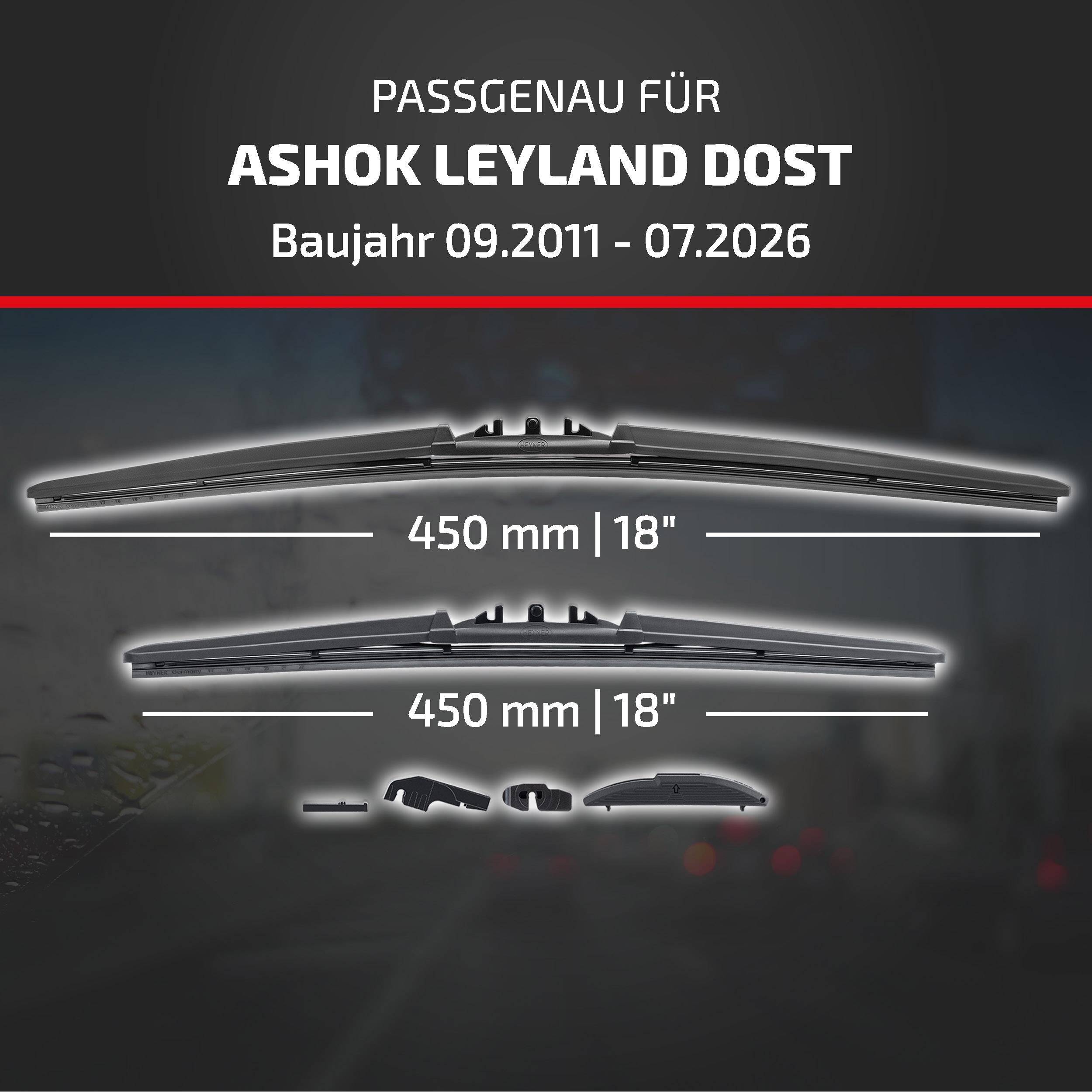 Produktkompatibilitätsgrafik für Ashok Leyland Dost, Modelljahre 09.2011-07.2026, mit zwei Scheibenwischblättern à 450 mm (18