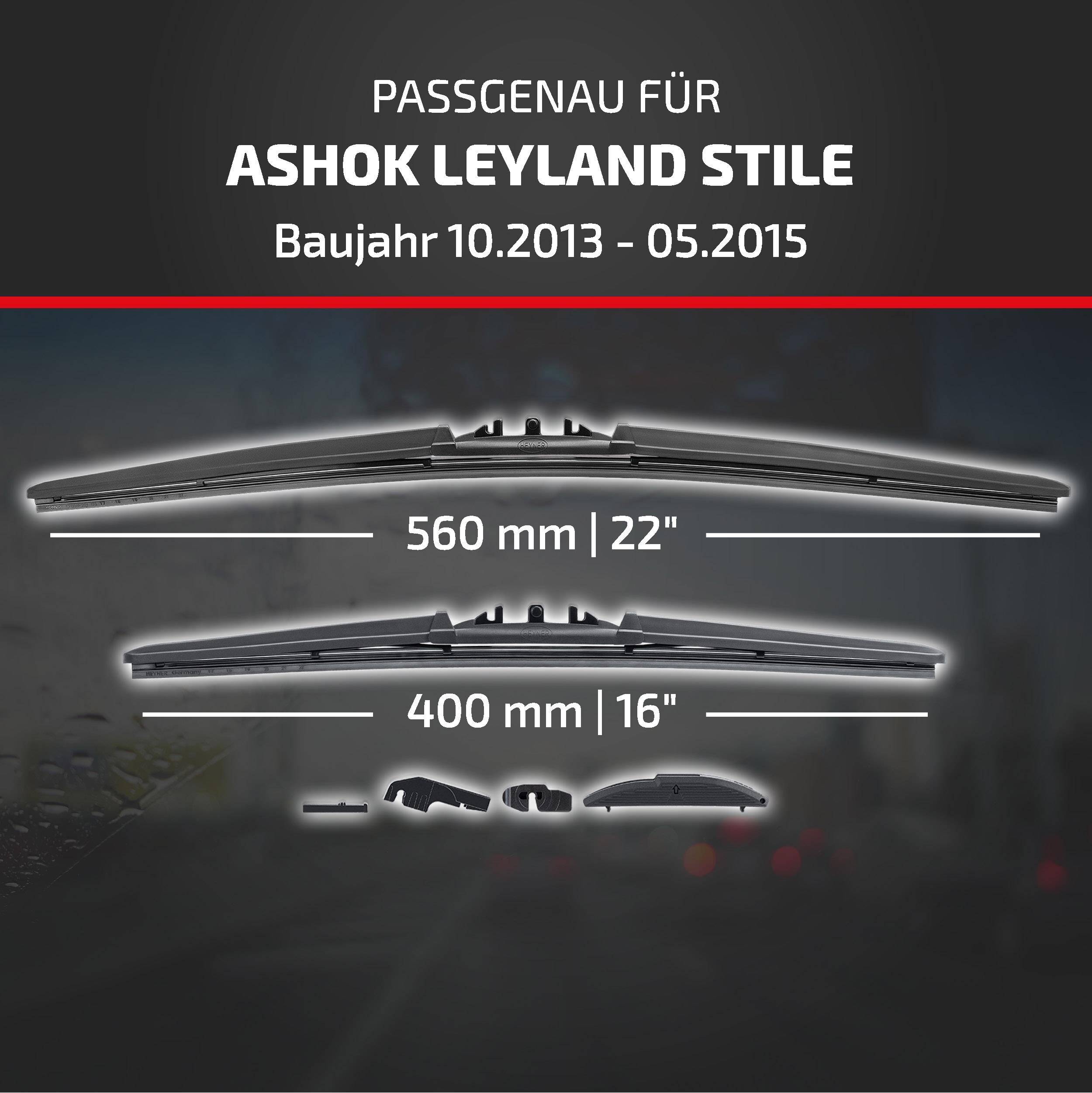Kompatibilitätsgrafik für Ashok Leyland Stile (Modelljahre 10.2013-05.2015), zeigt Scheibenwischergröße 560 mm (22
