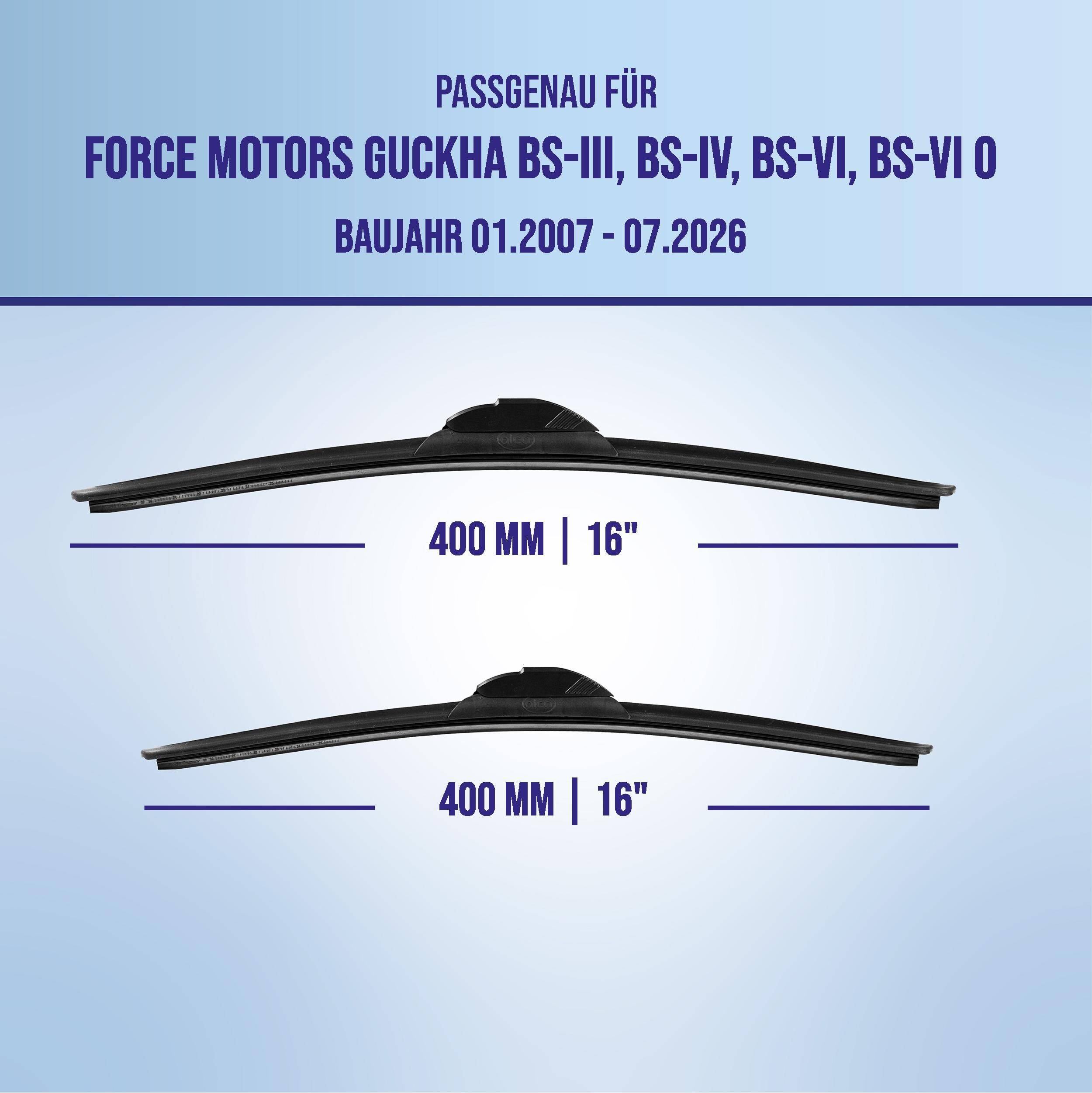 Grafik zeigt kompatible Wischerblätter für Force Motors Guckha BS-III, BS-IV, BS-VI, BS-VI O; Modelljahre 01.2007-07.2026; beide Blätter 400 mm (16