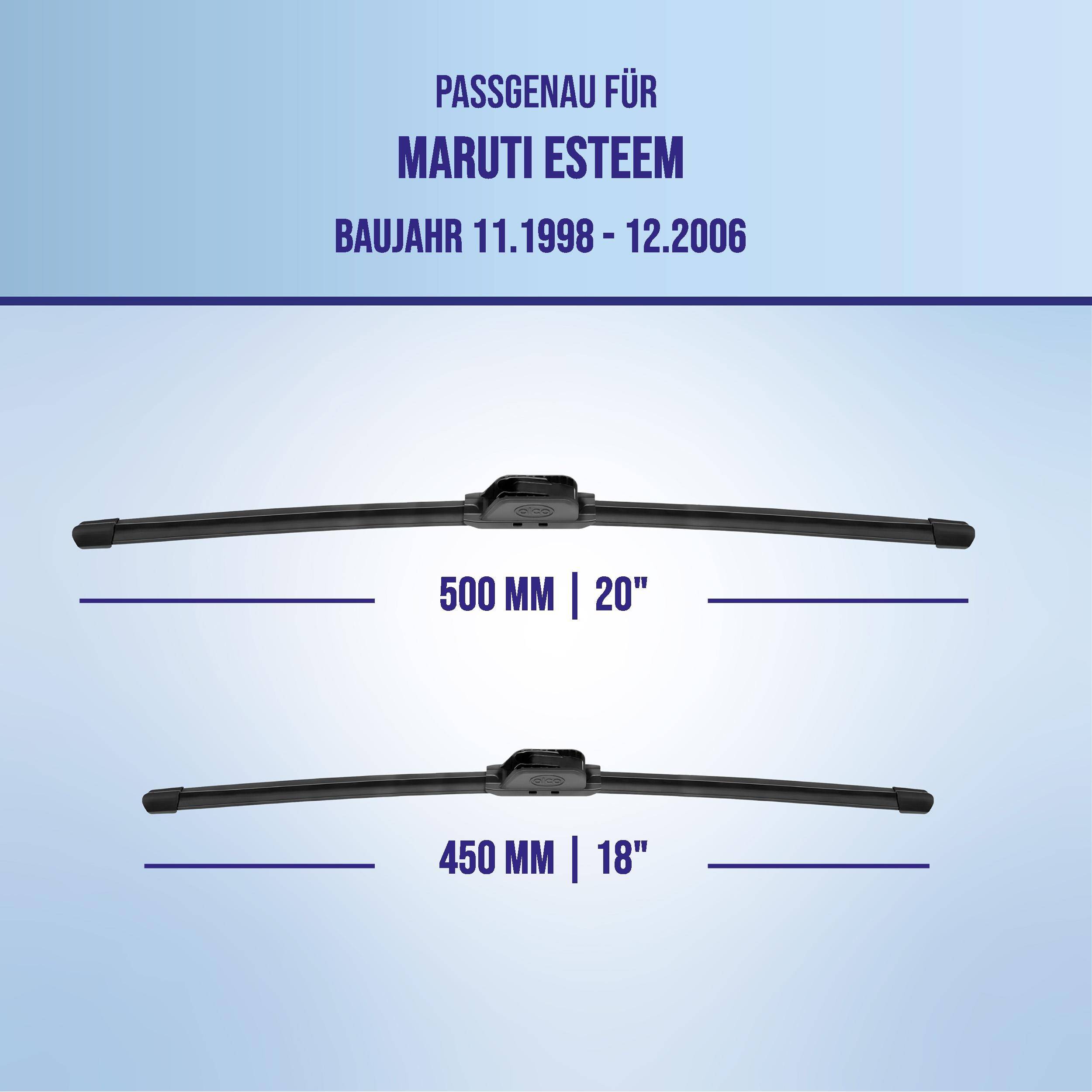 Grafik zeigt Wischerblätter, die zu Maruti-Esteem-Modellen von 11.1998 bis 12.2006 passen, erhältlich in den Größen 500 mm (20
