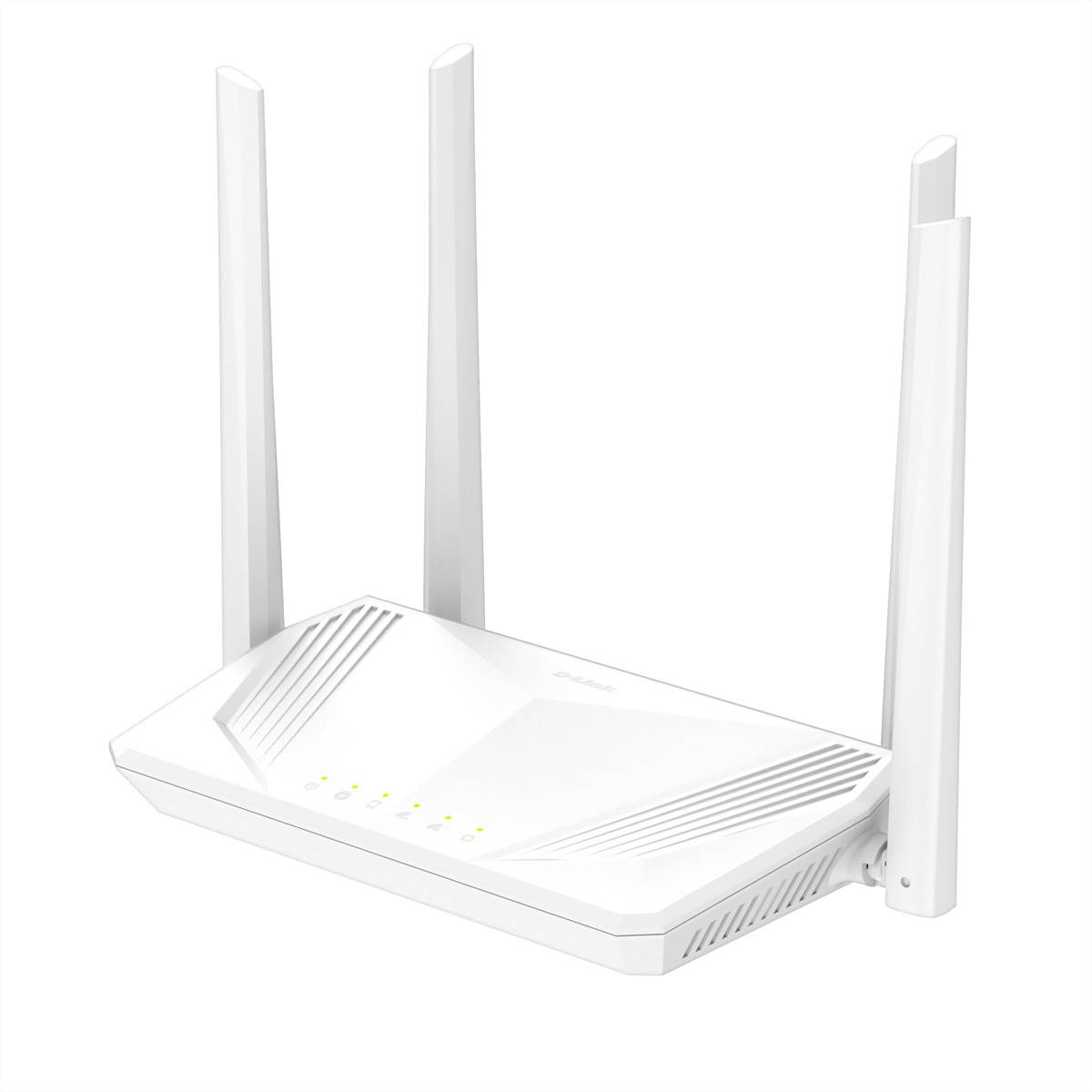 Weißer Wi-Fi-Router mit vier aufrechten Antennen und vorderen Statusleuchten auf neutralem Hintergrund.