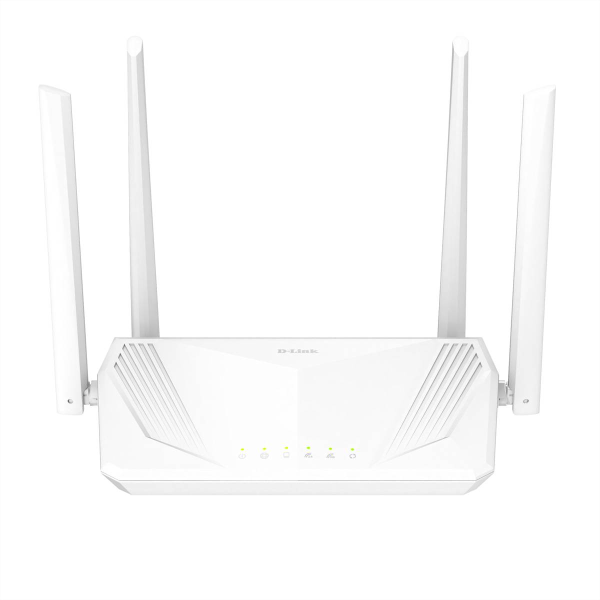 Weißer Wi-Fi-Router mit vier Antennen und vorderen Statusleuchten, dargestellt vor einem einfachen Hintergrund.