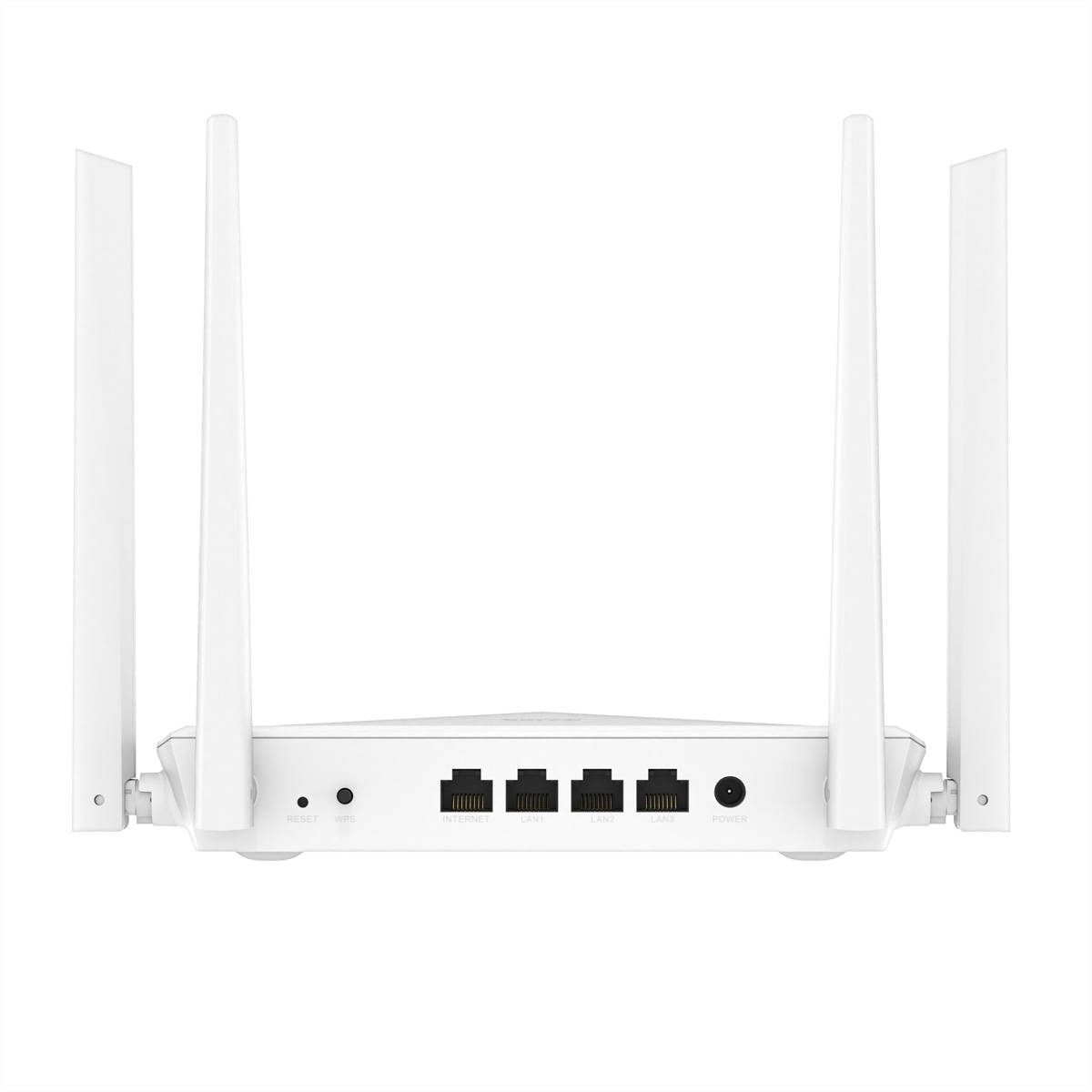 Weißer Wi-Fi-Router mit vier externen Antennen und vier Ethernet-Anschlüssen, Vorderansicht auf weißem Hintergrund gezeigt.