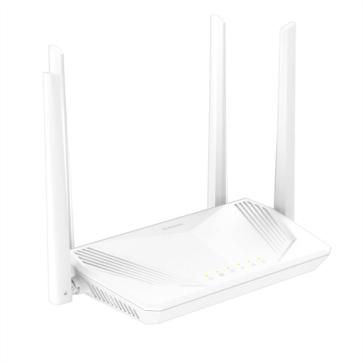Weißer Wi-Fi-Router mit vier externen Antennen und vorderen Statusleuchten auf neutralem Hintergrund.