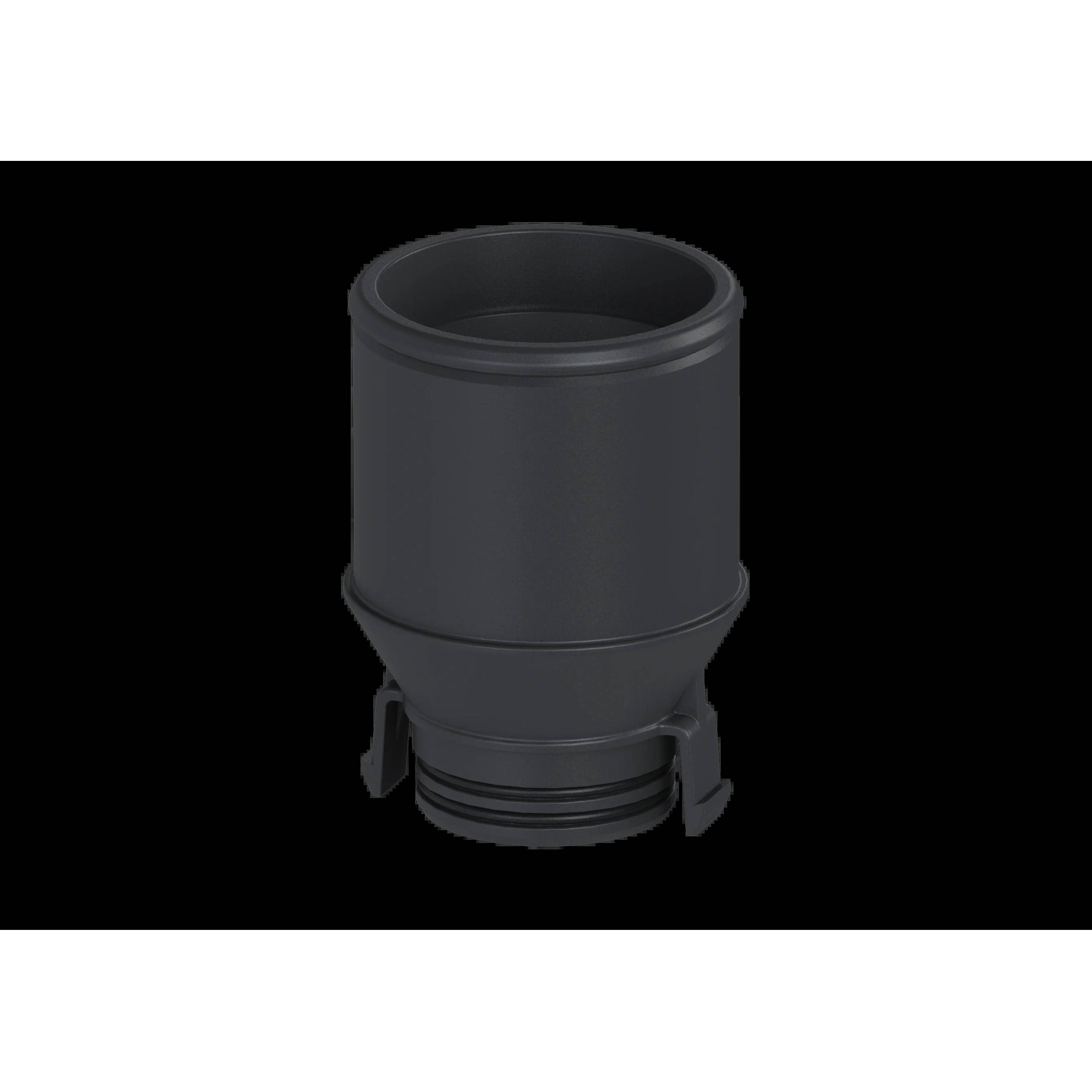 Dunkelgrauer zylindrischer Kunststoffstecker oder Adapter mit verbreiterter Basis und Verriegelungslaschen, zentriert auf schwarzem Hintergrund dargestellt.