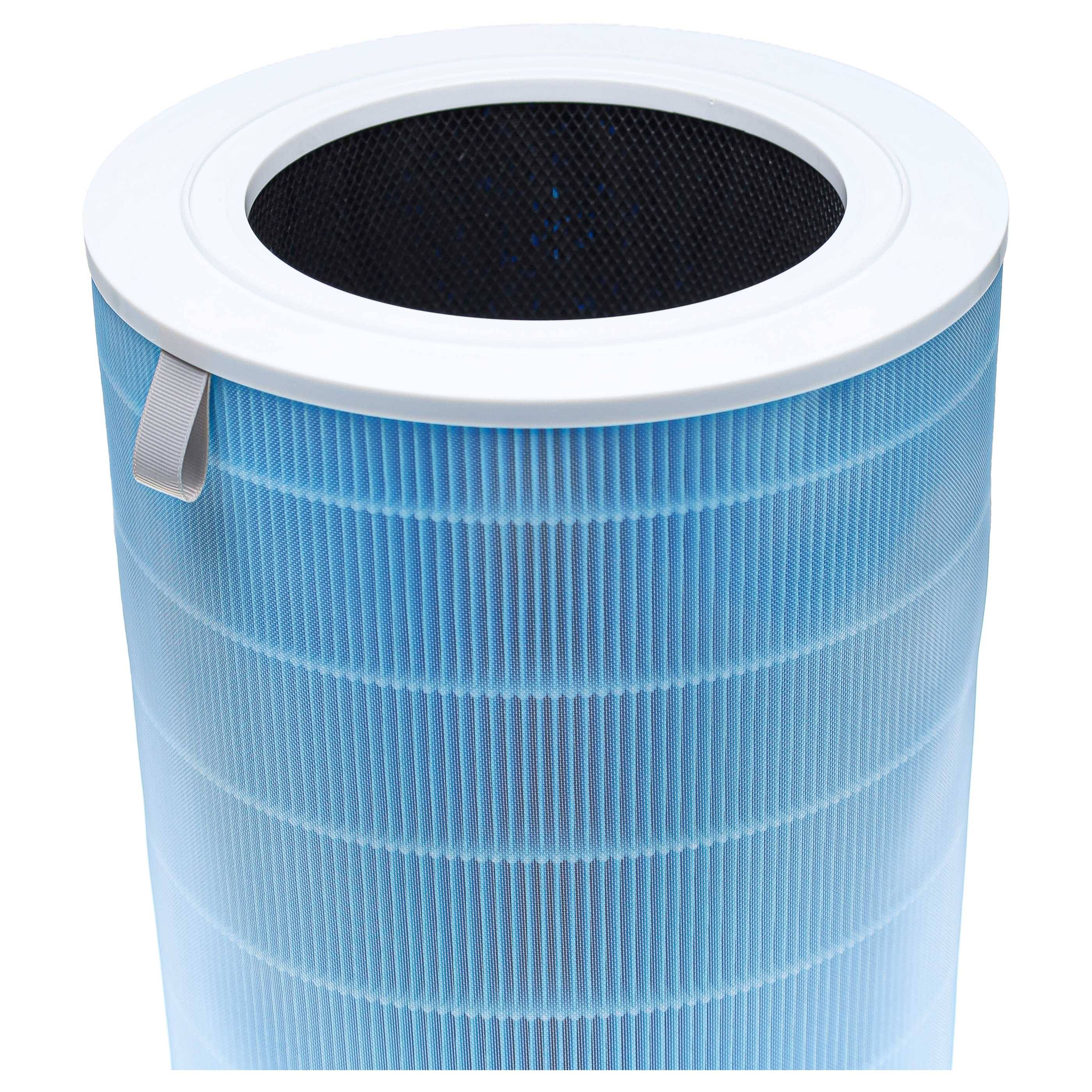 Blauer zylindrischer Luftreinigungsfilter mit weißem oberen Rand und schwarzer innerer Öffnung, shown auf einfachem Hintergrund.