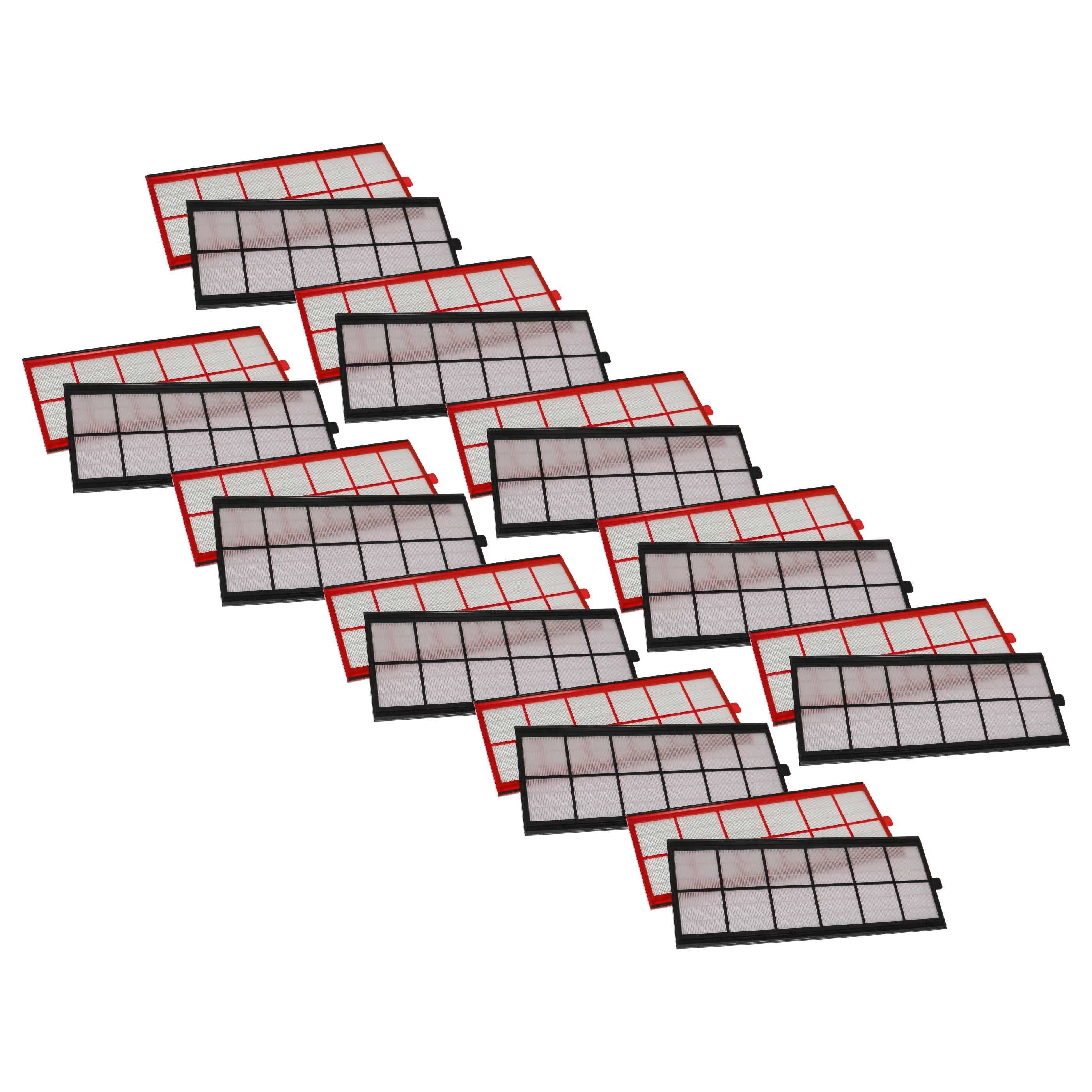 Array von überlappenden rechteckigen Solarpanel-ähnlichen Kacheln, abwechselnde rote und schwarze Rahmen auf weißem Hintergrund.