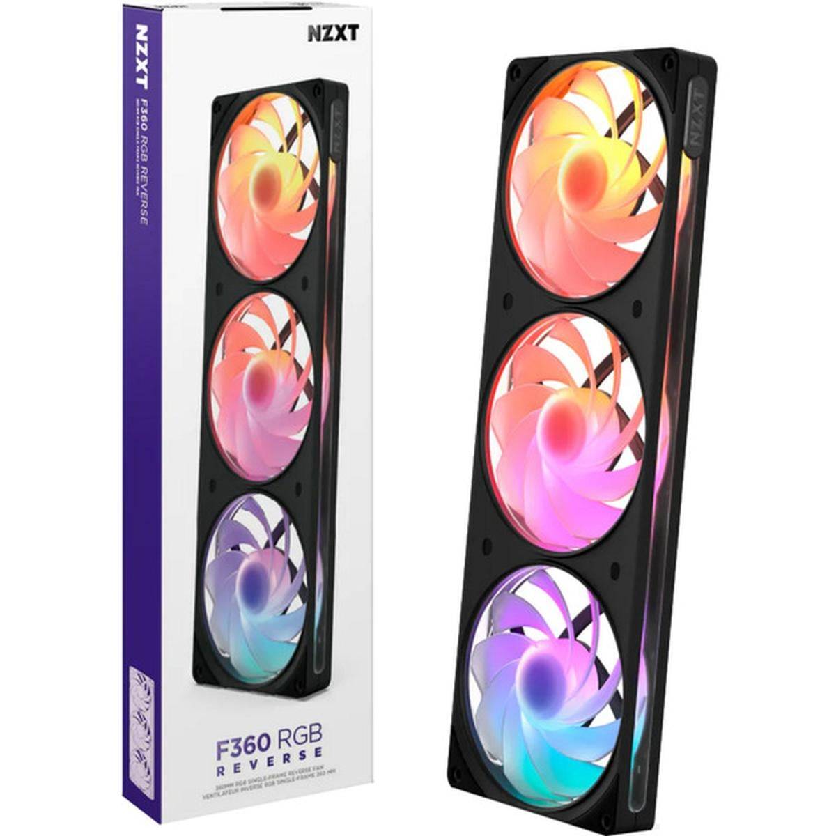 NZXT F360 RGB Umluftlüfter-Set in Verpackung und Produktansicht dargestellt, eine schwarze Triple-120mm-RGB-Lüftereinheit mit farbig illuminierten Lüfterblättern.