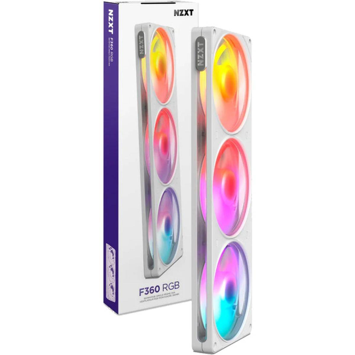 NZXT F360 RGB PC-Kühlventilatoren in weißer Verpackung, zeigt drei leuchtende RGB-Ventilatoren auf einer schlanken Kühleinheit.