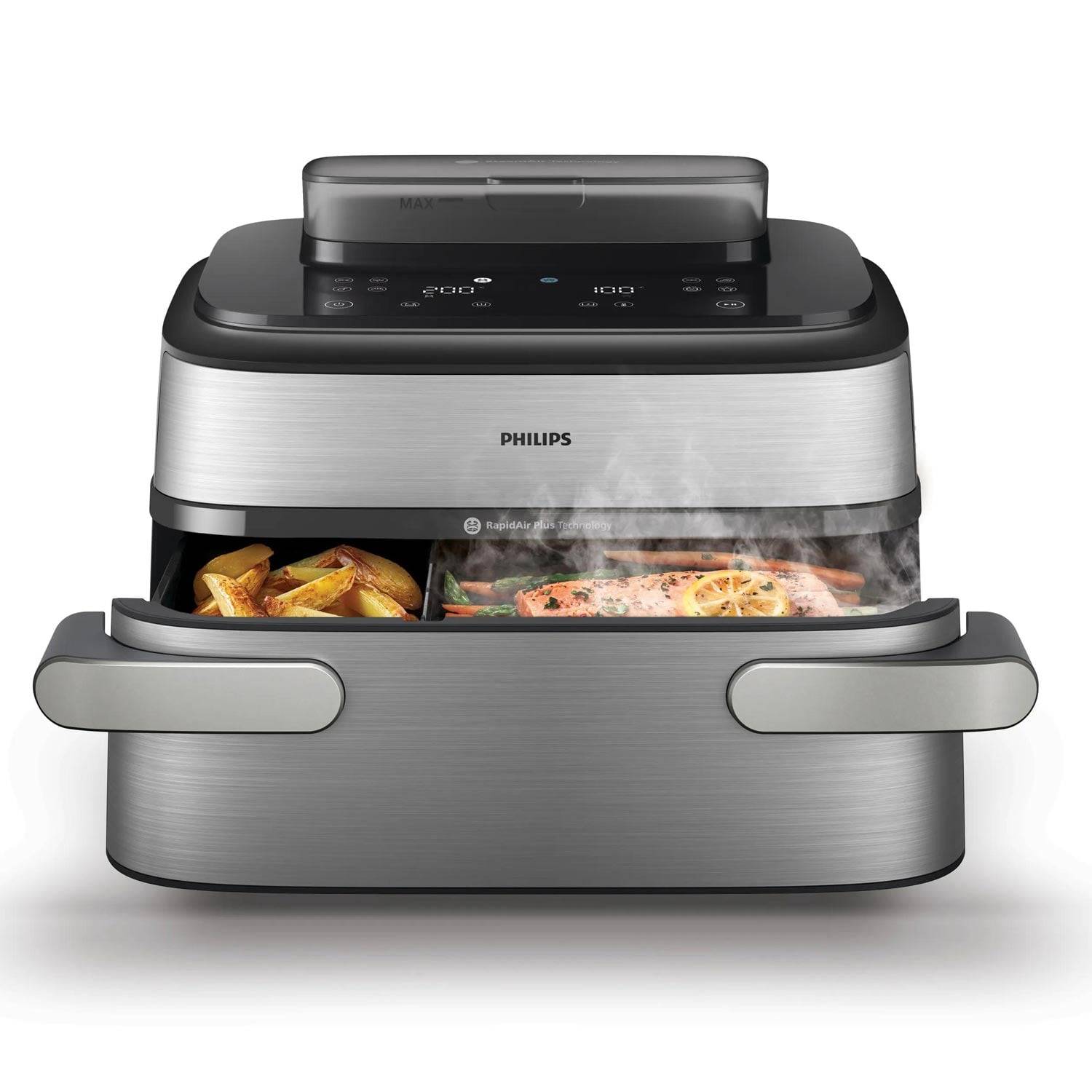 Philips Tischluft-Fritteuse mit zwei Lebensmittelbehältern, in denen Pommes und eine Pizza zubereitet werden, Dampf ist durch das vordere Fenster sichtbar.