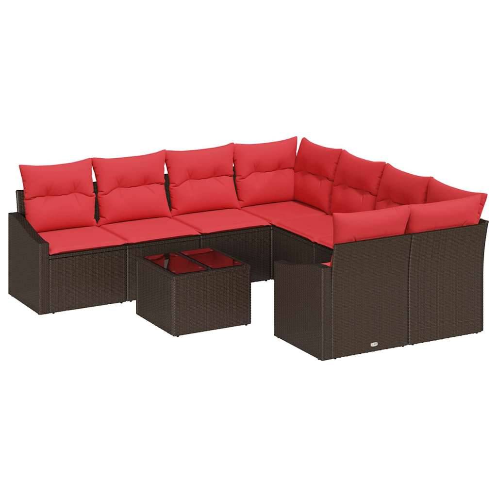 vidaXL Sofa Set 9 stk. 3-Sitzanzahl Braun und Rot Poly Rattan