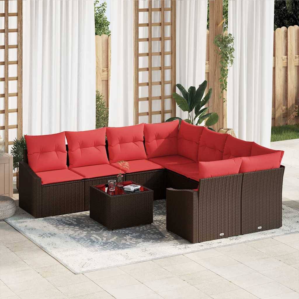 vidaXL Sofa Set 9 stk. 3-Sitzanzahl Braun und Rot Poly Rattan