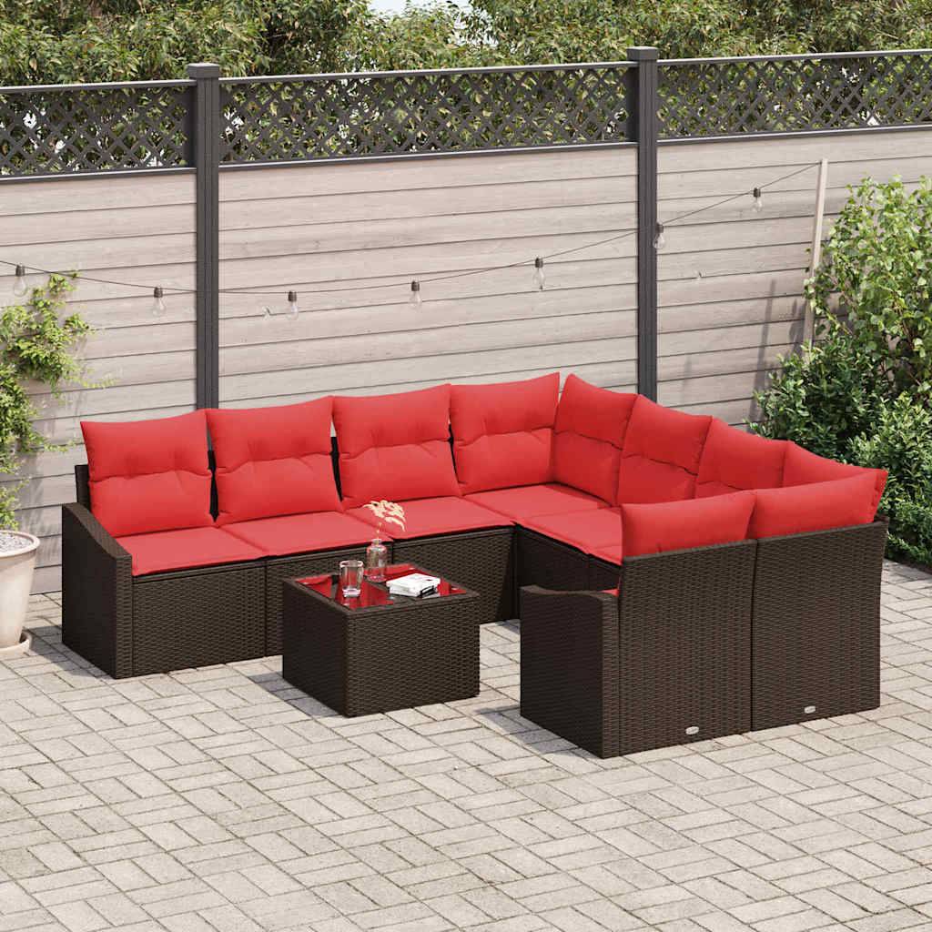 vidaXL Sofa Set 9 stk. 3-Sitzanzahl Braun und Rot Poly Rattan